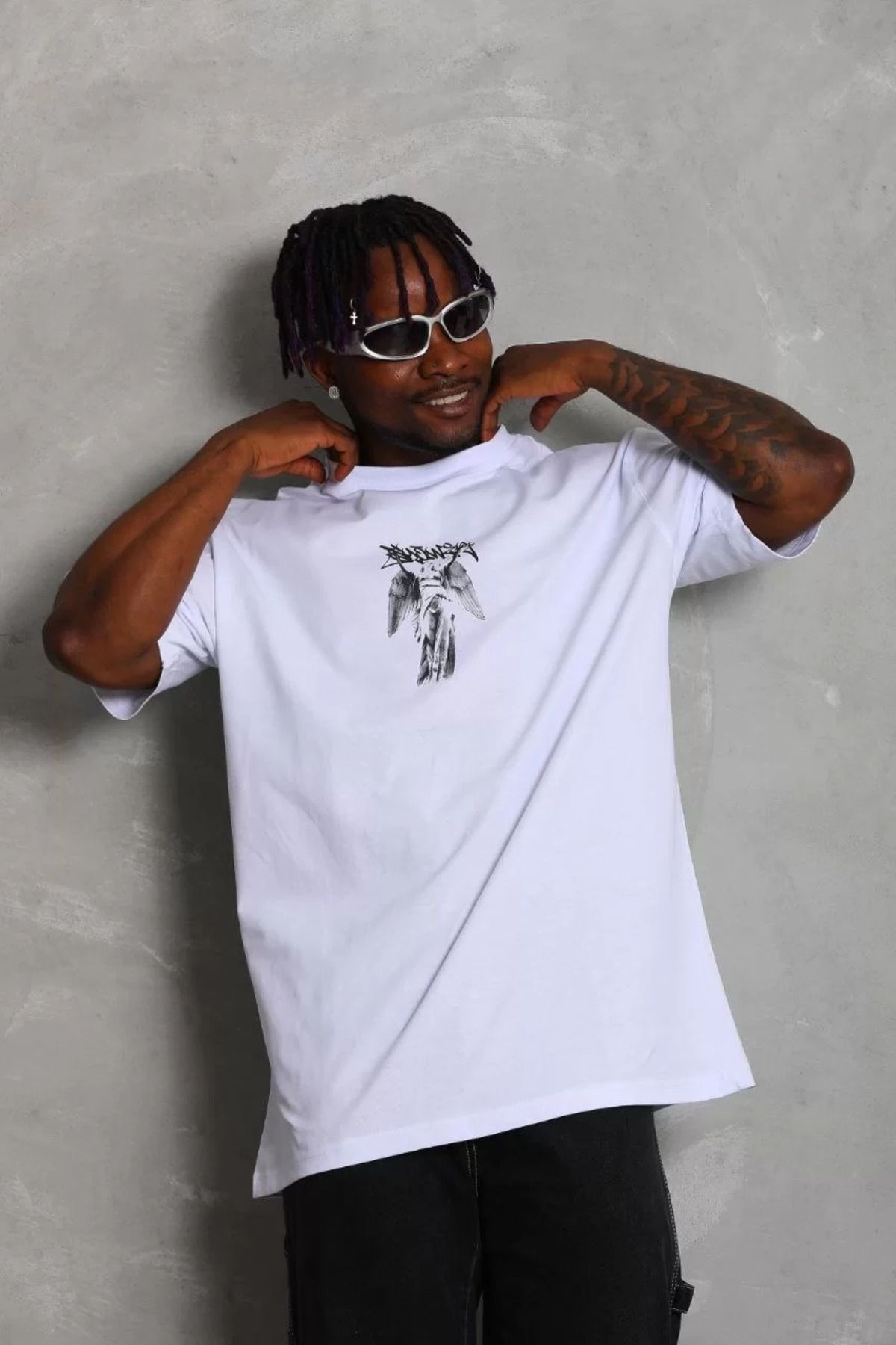 FantaziAtölyesi Unisex Oversize Baskılı Bisiklet Yaka T-Shirt - Beyaz