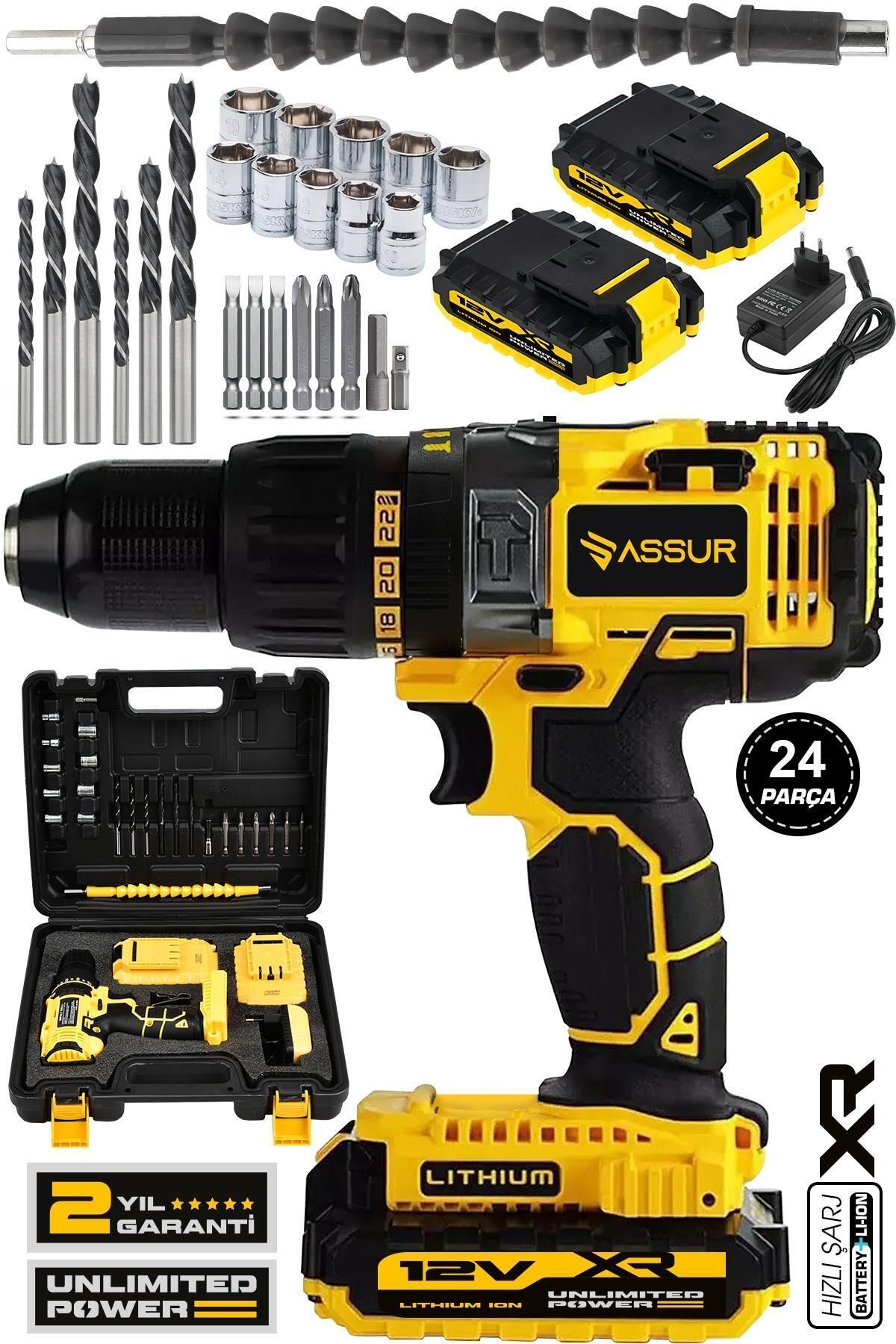 teknotrust 12v Metal Şanzıman Çift Akülü Şarjlı Darbeli Matkap 24 Parça Akülü Vidalama