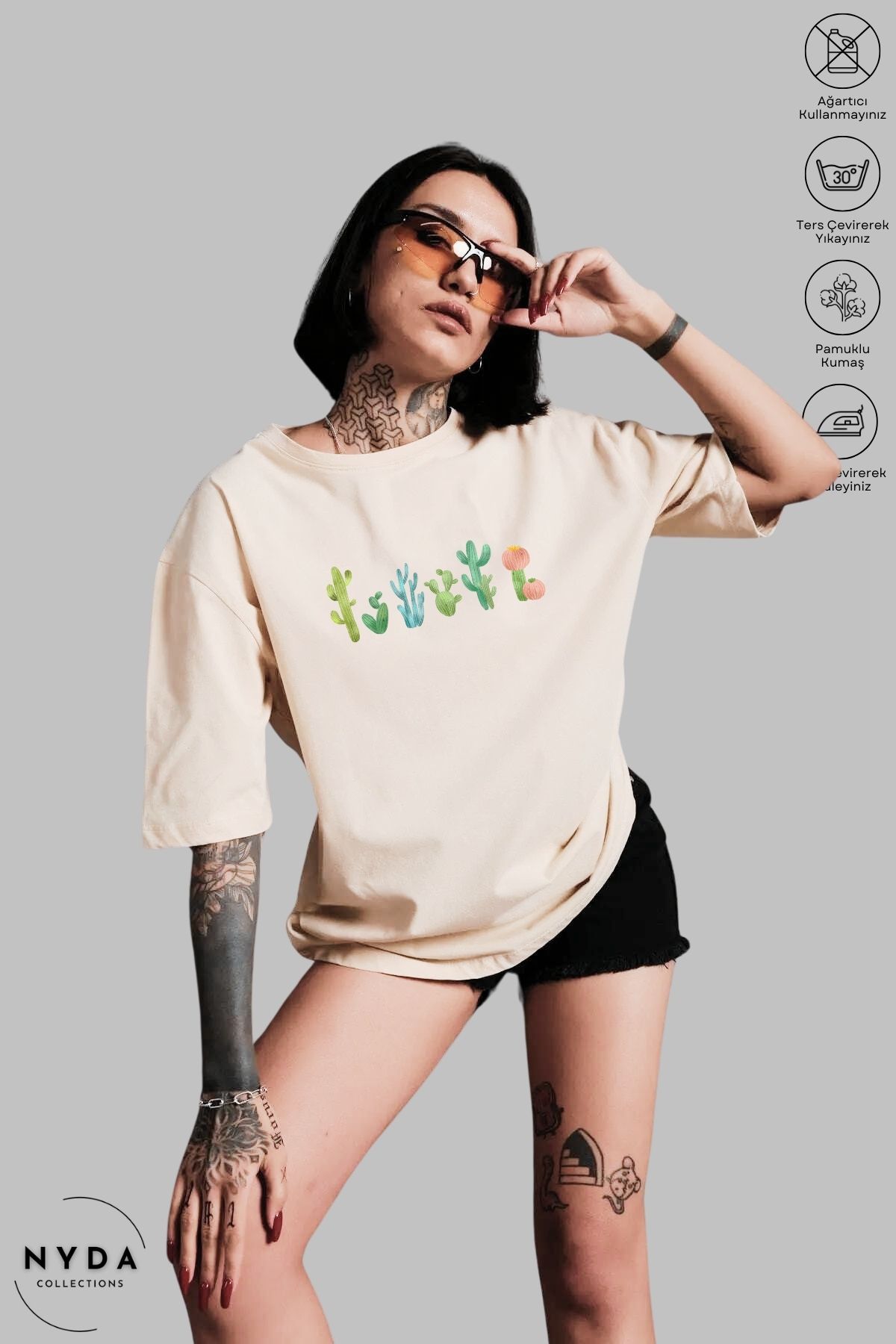 Nyda Collections Kadın Bisiklet Yaka Kaktüs Baskılı Pamuk Oversize Kısa Kollu Tişört