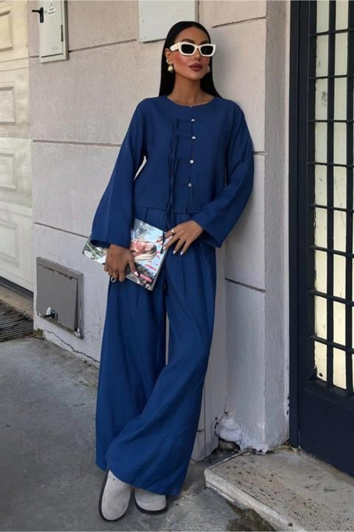 1001moda Önü İnce Kordon Detaylı Ve Double Paça Pantolonlu Takım 10180