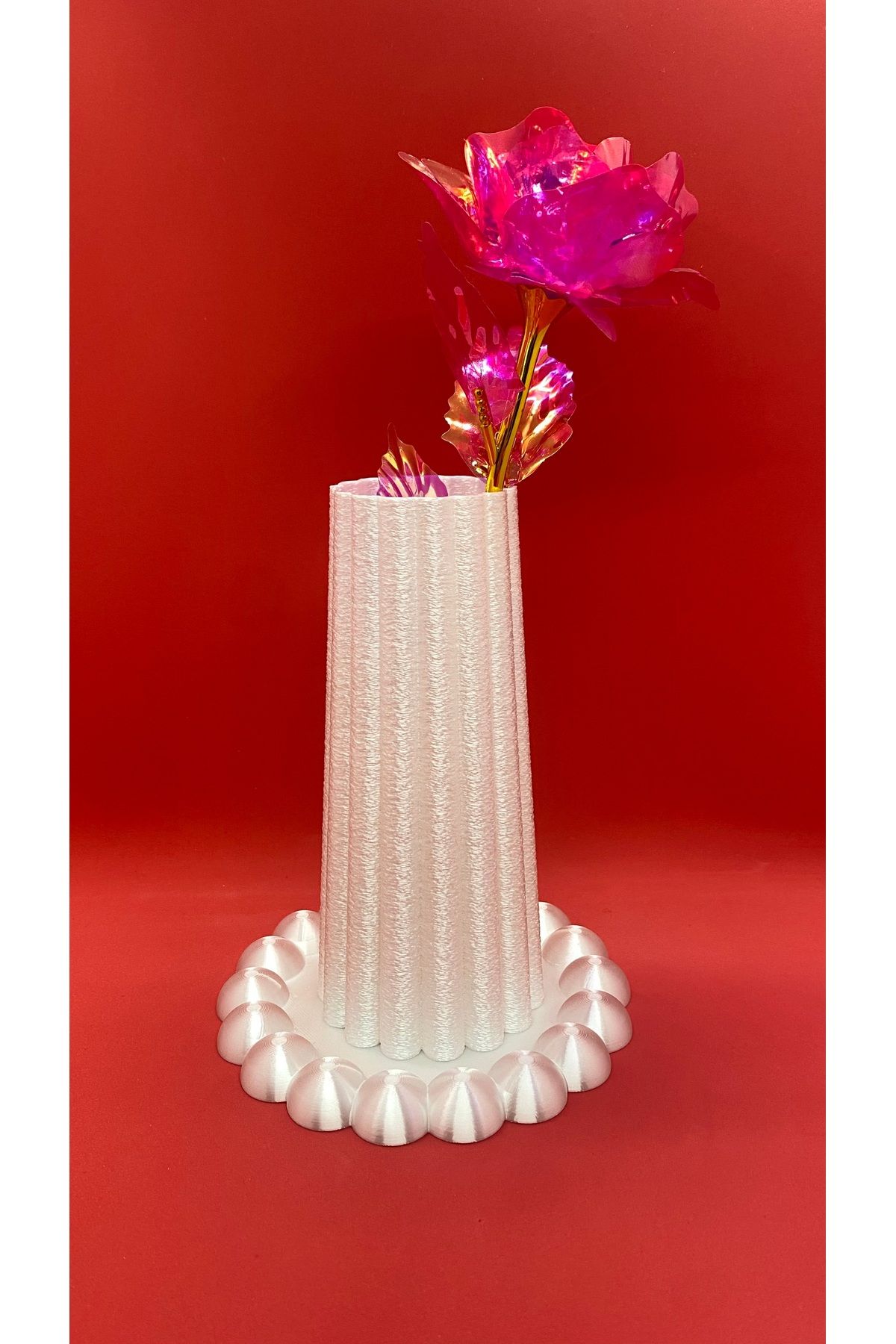 Güneş Sanat Evi Çizgili Model İskandinav Tarz Vazo + Bubble Tabak (Parlak Beyaz)