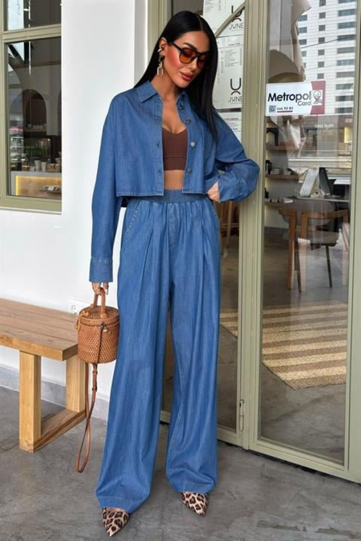 1001moda Denim Gömlek Plazzo Pantolon Takım 10163-08