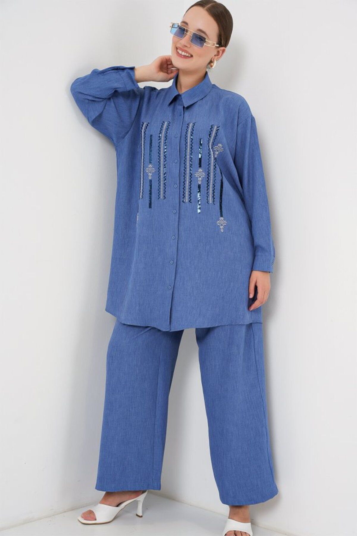 1001moda Desenli Tunik Pantolon İkili Takım 6720 - İndigo