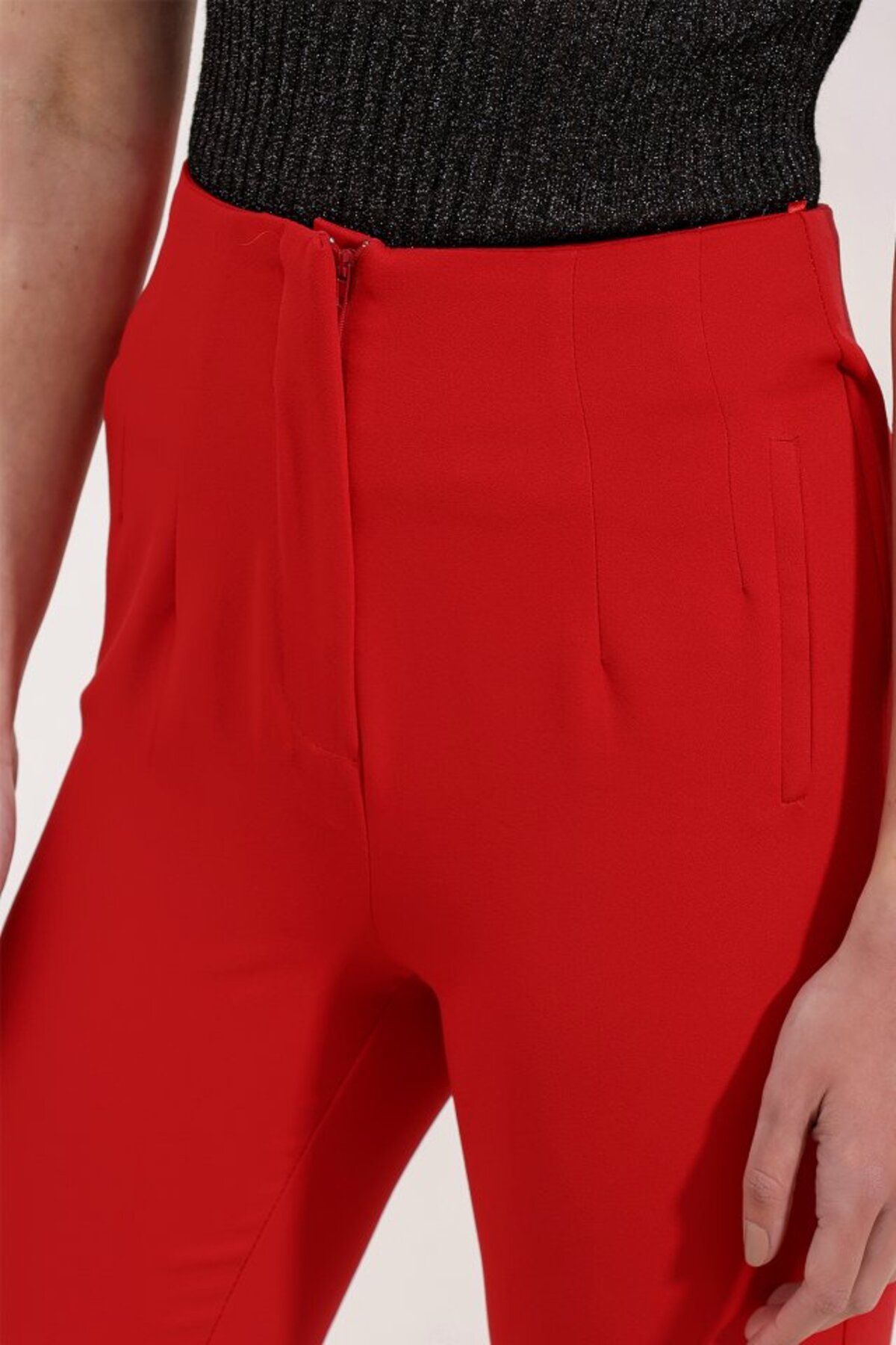 leyla sanat sanata yeni bir bakış açısı-Leyla Art a New Perspective on Art Red High Waist Fabric Pants 6650 3