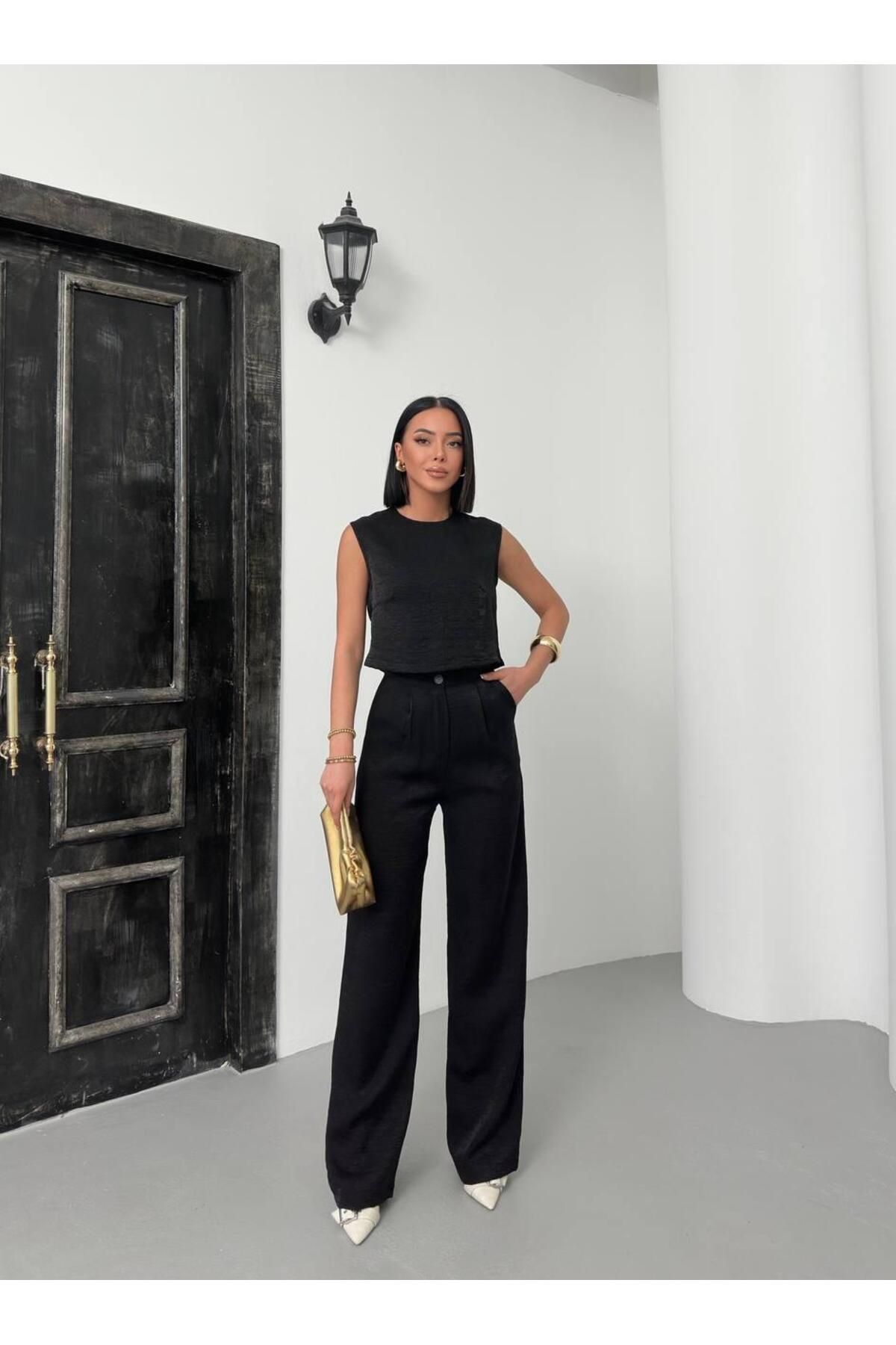 Nisa Luxury Boutique Kadın Lüks İthal Kumaş Bisiklet Yaka Bluz Pantolon İkili Takım