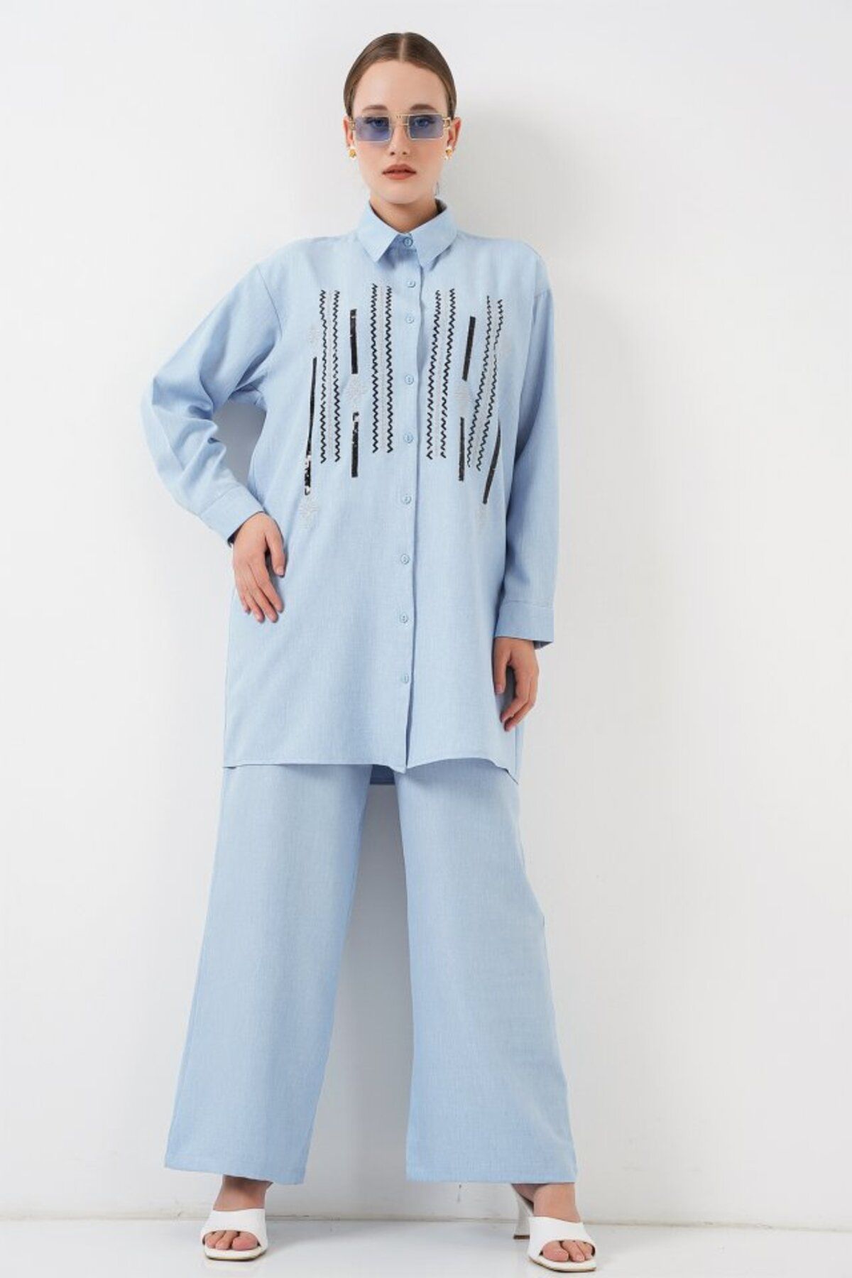 Leyaa-Patterned tunic pants double set - blue 4