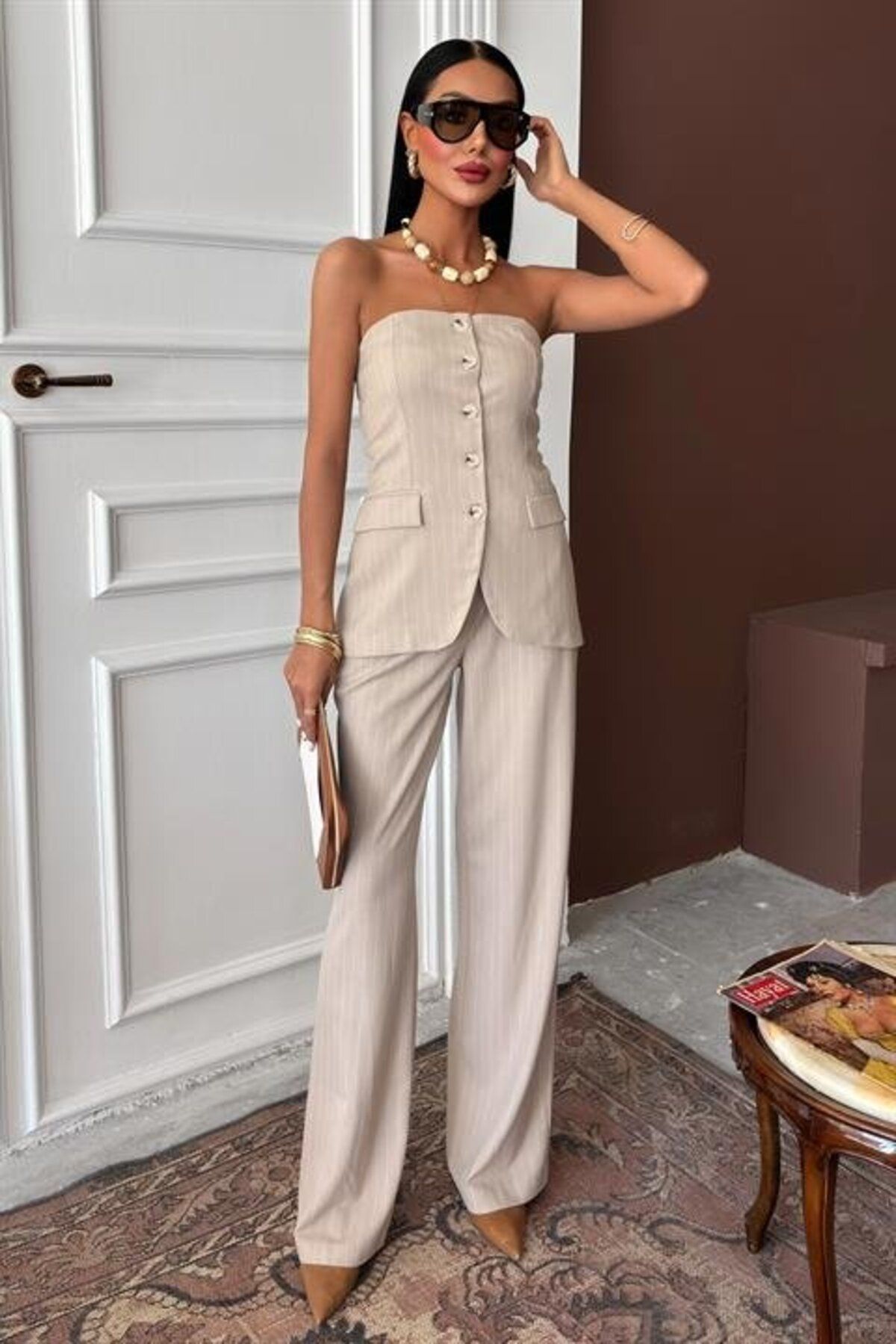 1001moda Straplez Büstiyerli Plazzo Pantolonlu Çizgili Takım 10151