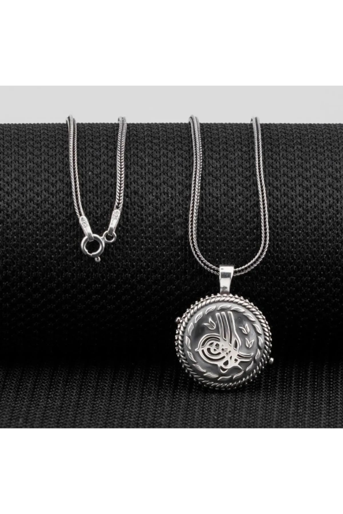 MODA925 925 Ayar Gümüş Çift Taraflı Osmanlı Tuğralı Muska Cevşen Kolye