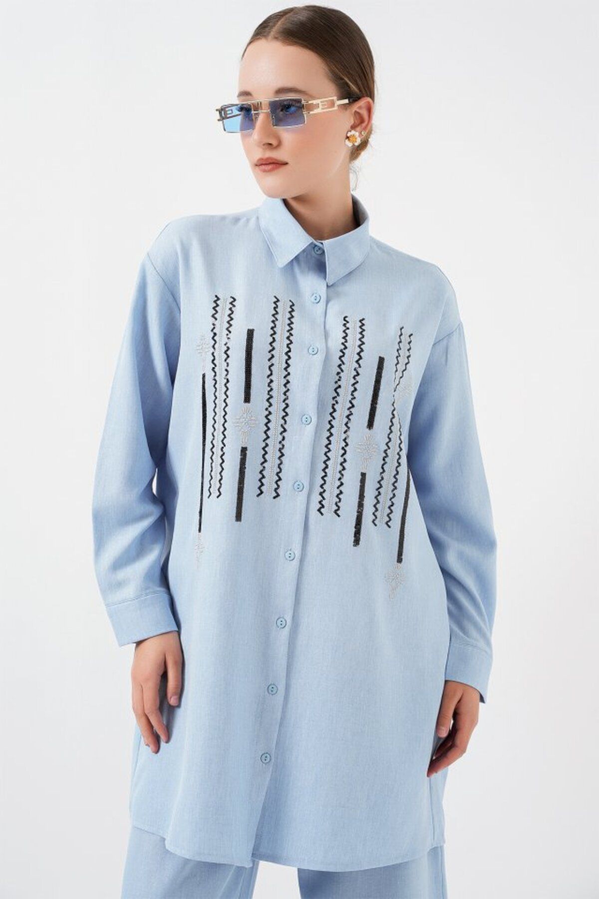 Leyaa-Patterned tunic pants double set - blue 2