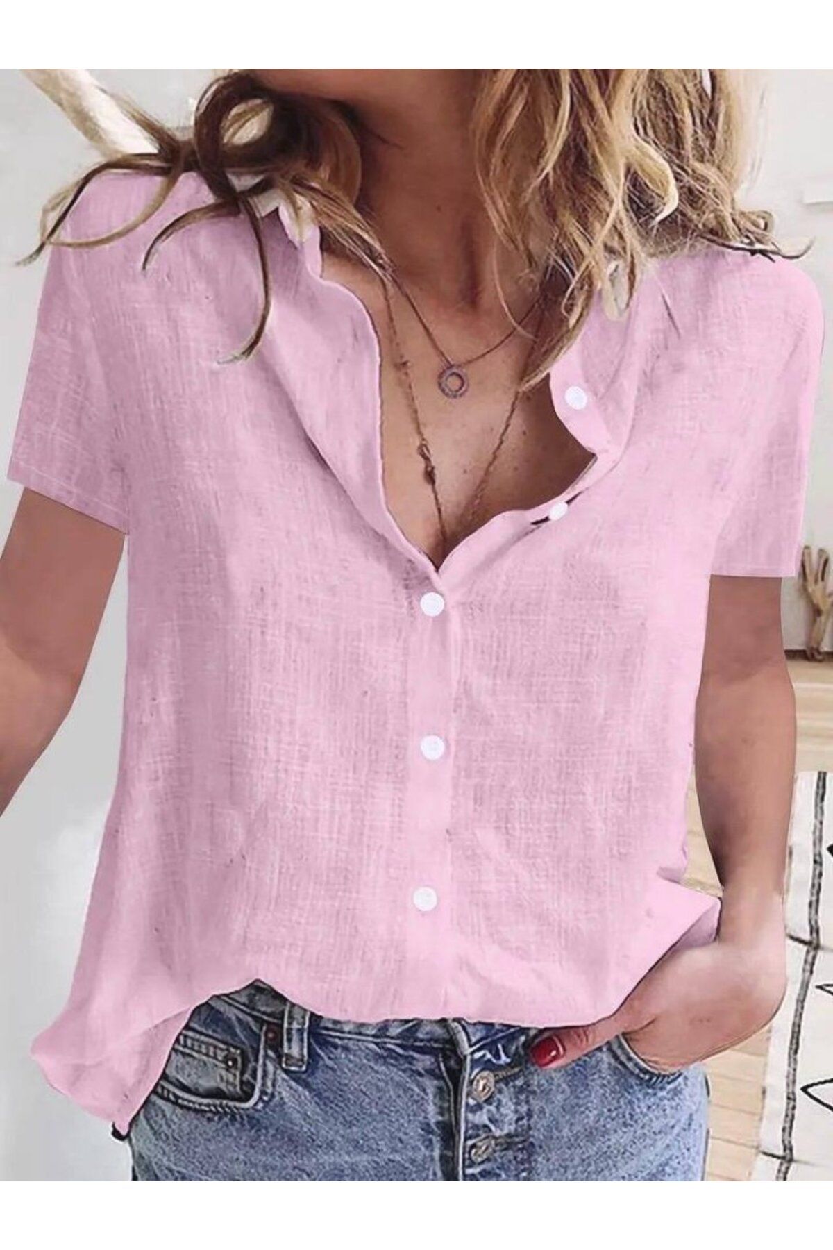 velmorafashion Kadın Kısa Kollu Basic Keten Gömlek