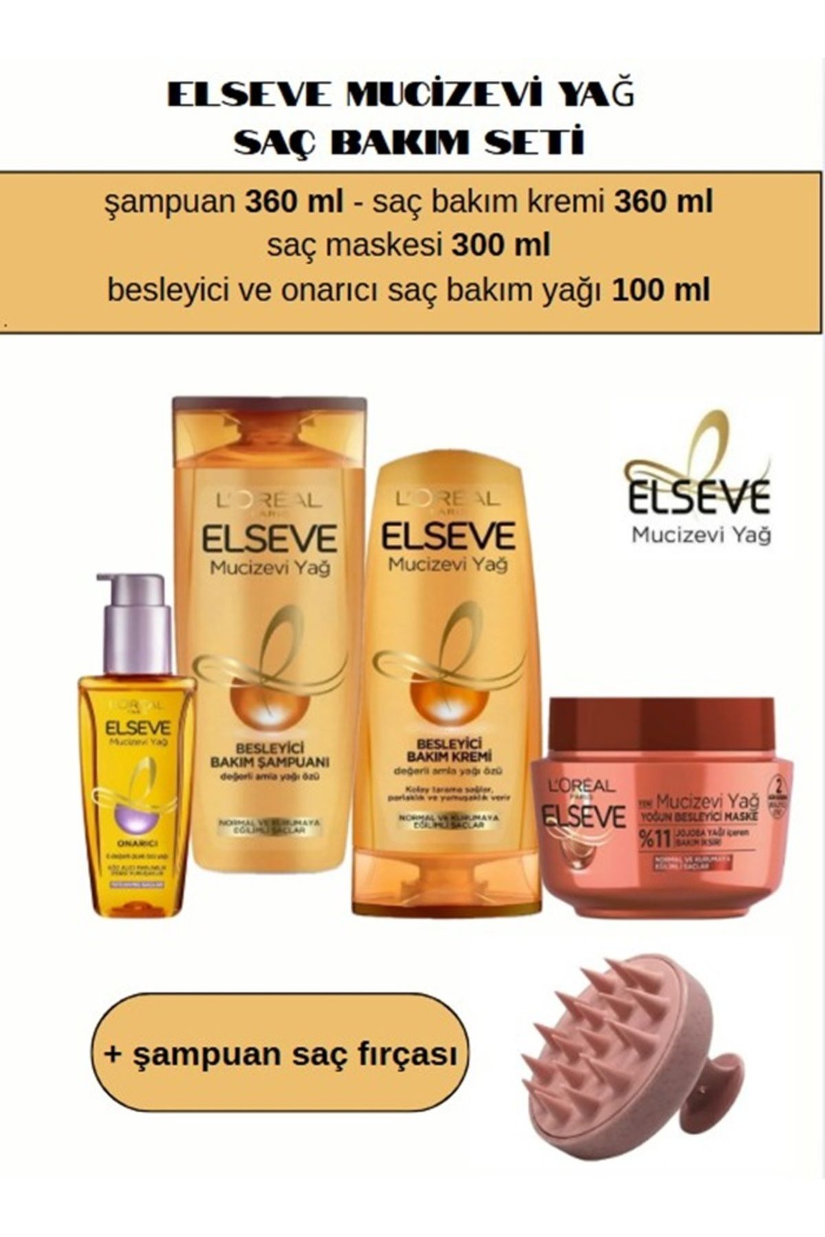 ELSEVE Mucizevi Yağ Şampuan + Saç Kremi + Onarıcı Saç Bakım Yağı + Saç Maskesi + Şampuan Fırçası