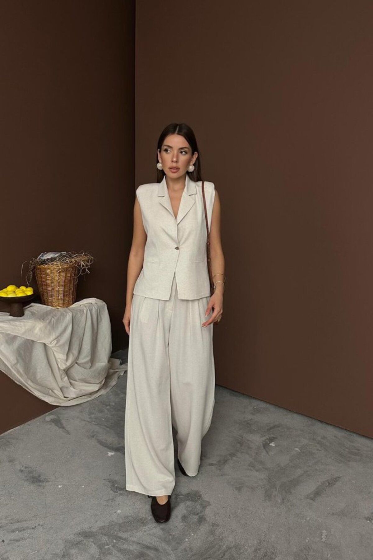 velmorafashion Bej Keten Yelek Pantolon Takım