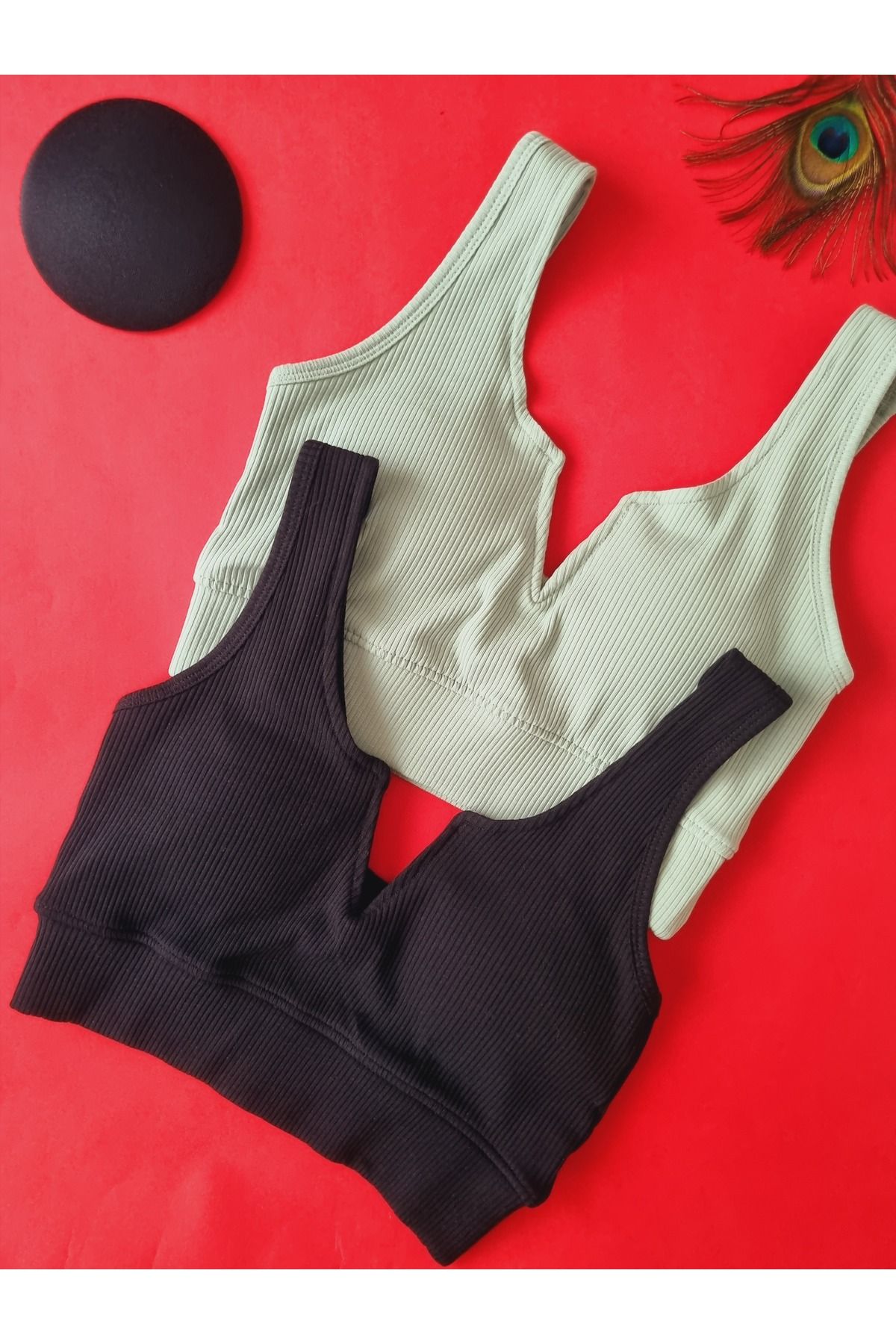 Demirsa Boutique Modelli, 2 Adet Yeşil ve Siyah Renk Fitilli Penye Kaşkorse Pedli Kadın Büstiyer