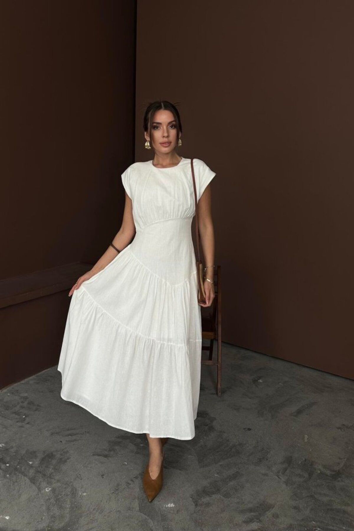 velmorafashion Beyaz Büzgü Detaylı Keten Elbise