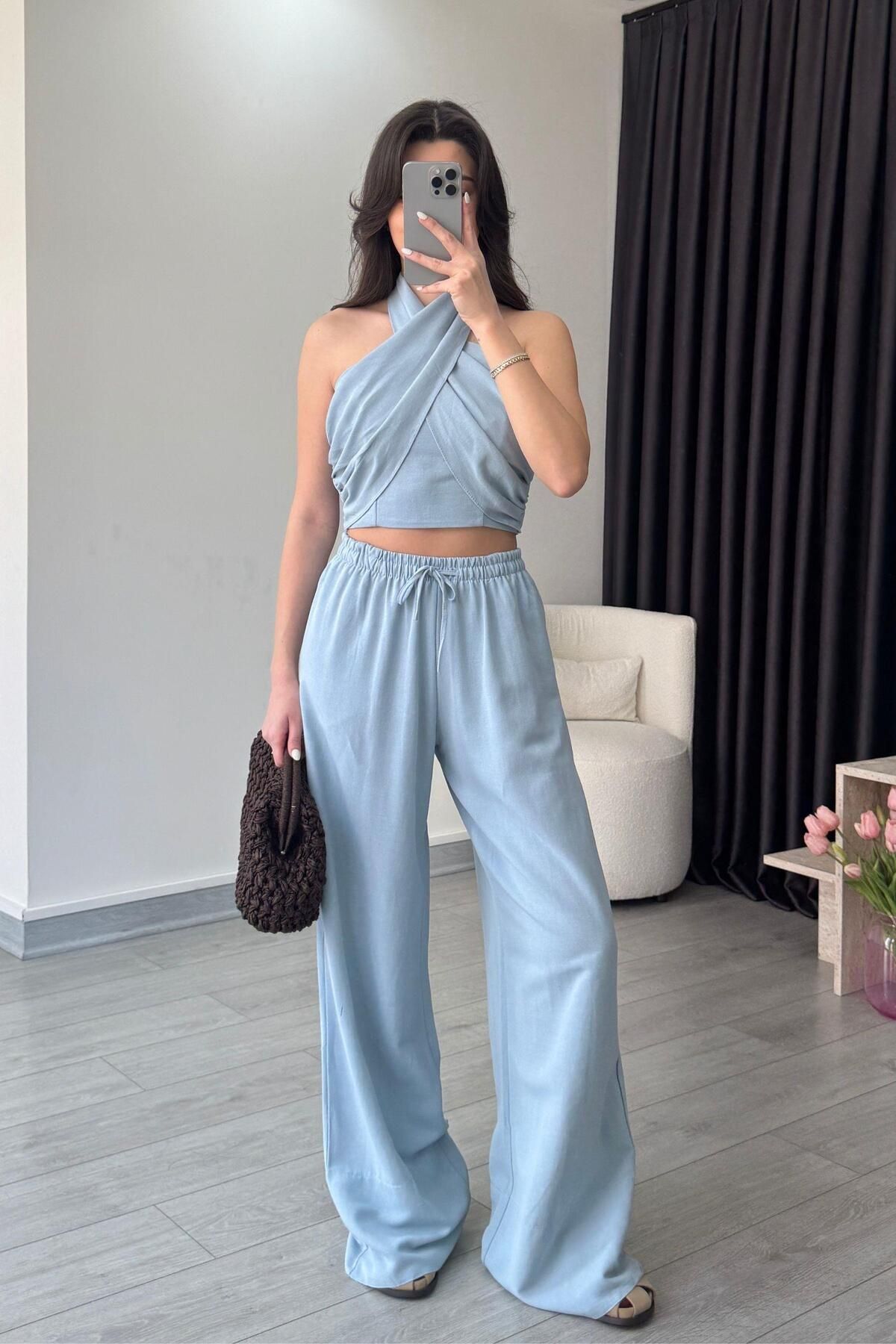 ECEMİ Reina Mavi Boyundan Bağlamalı Keten Takım
