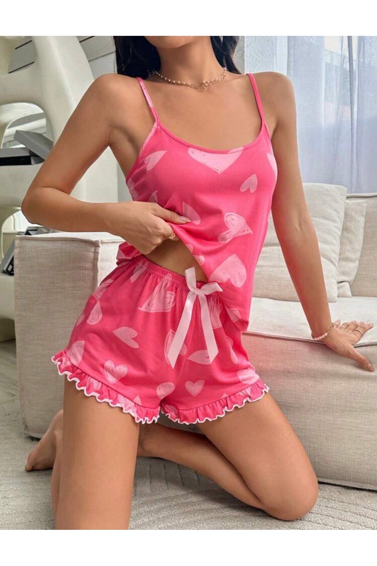 MEYLİYA kadın askılı tam boy fırfırlı şort takım pembe kalpli love suprembonjour serisi