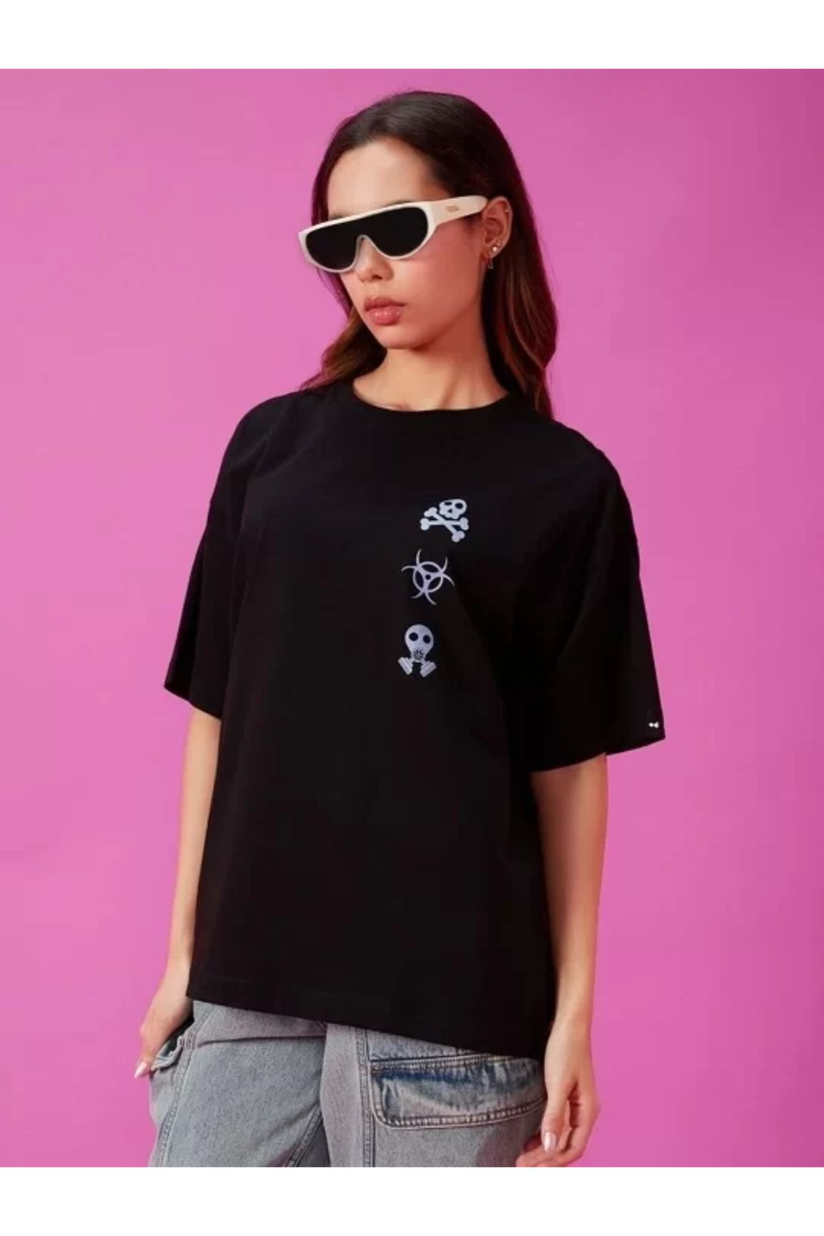 FantaziAtölyesi Kadın Baskılı Oversize T-shirt - Siyah