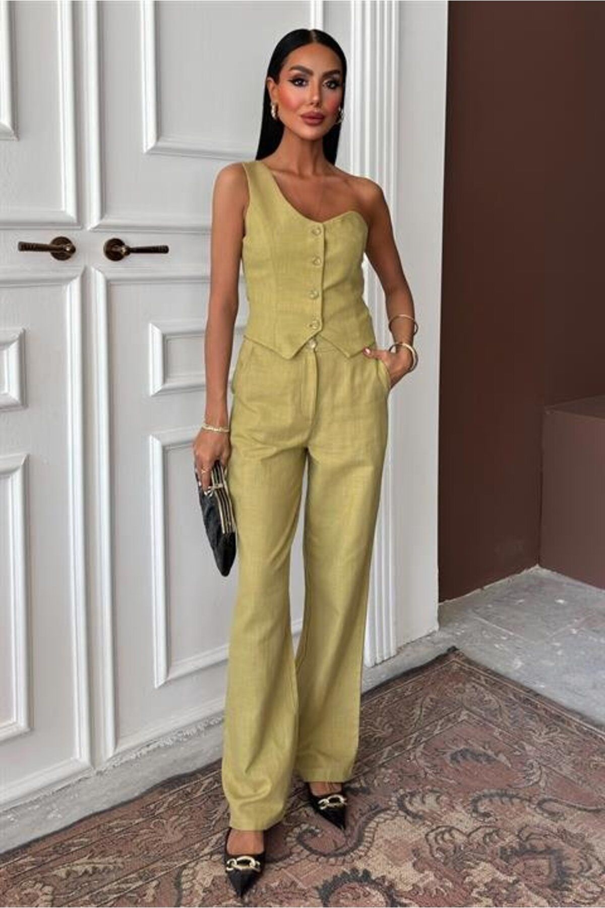 velmorafashion Tek Omuz Büstiyer Plazzo Pantolon Viscon Takım 10159