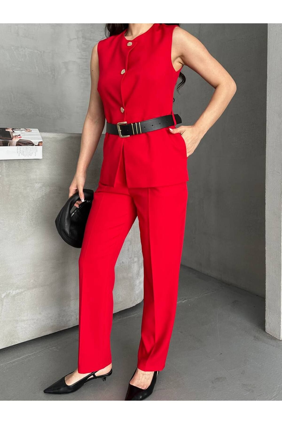 buqre's moda Kadın Alt Üst Takım Şık Düğme Kemer Detaylı Yelek Pantolon İkili Takım