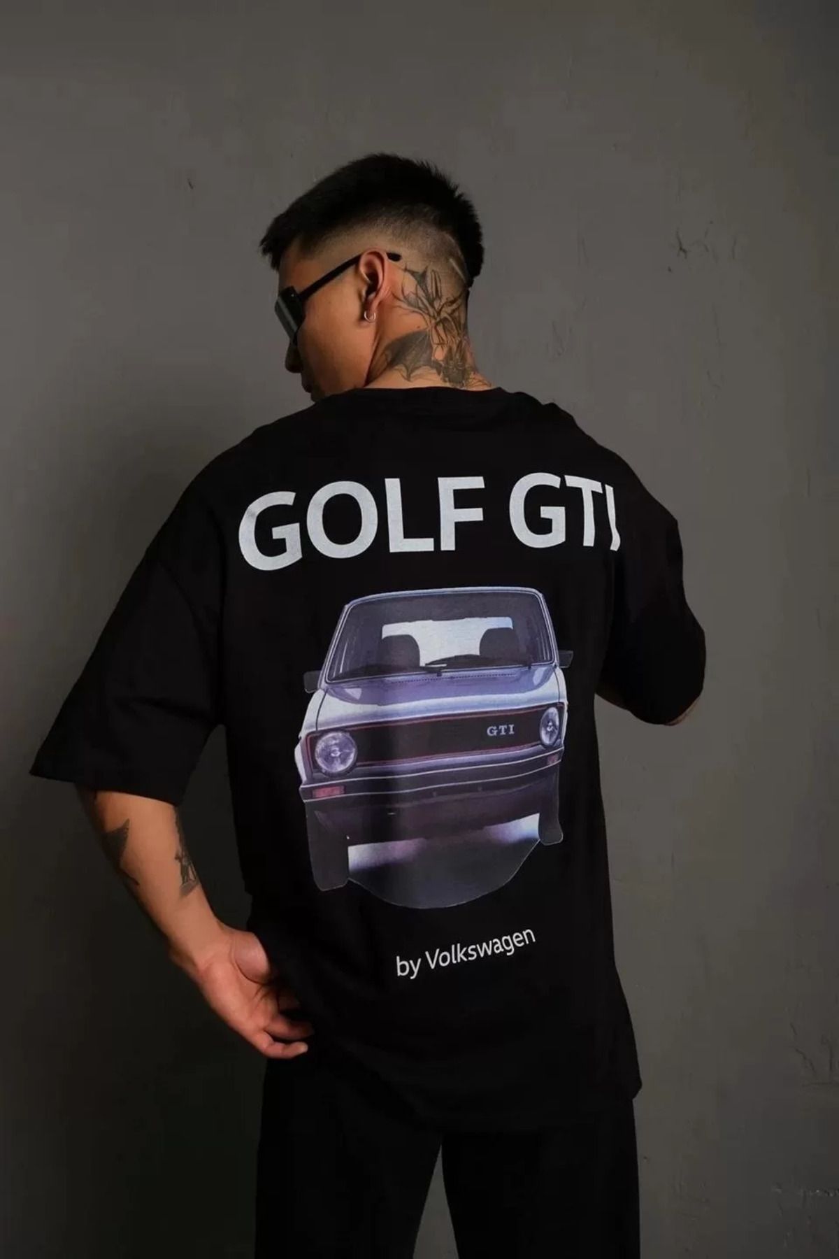 FantaziAtölyesi Erkek Sırt Baskılı Bisiklet Yakalı Oversize T-Shirt - Siyah