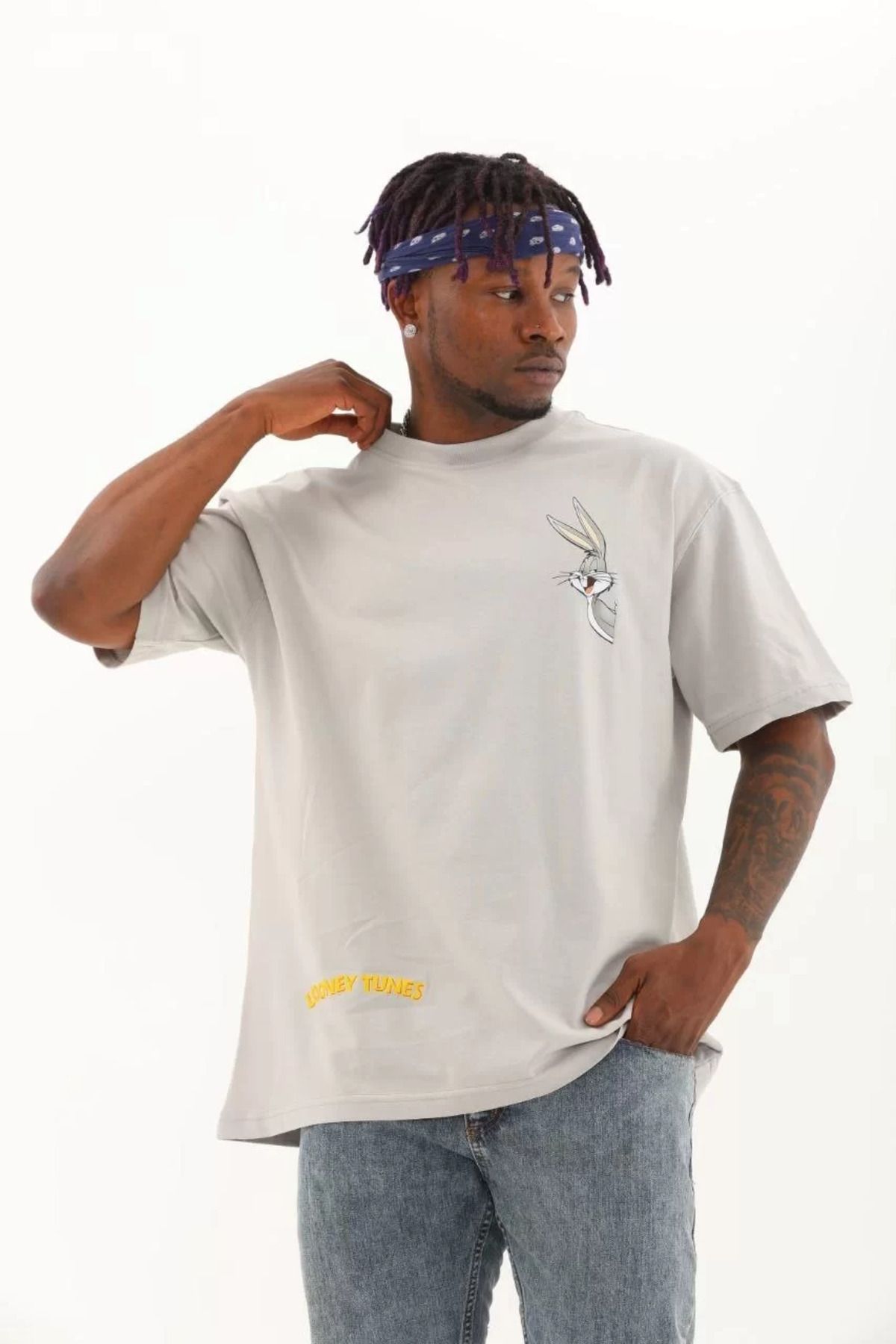 FantaziAtölyesi Unisex Oversize Baskılı Bisiklet Yaka T-Shirt - Gri