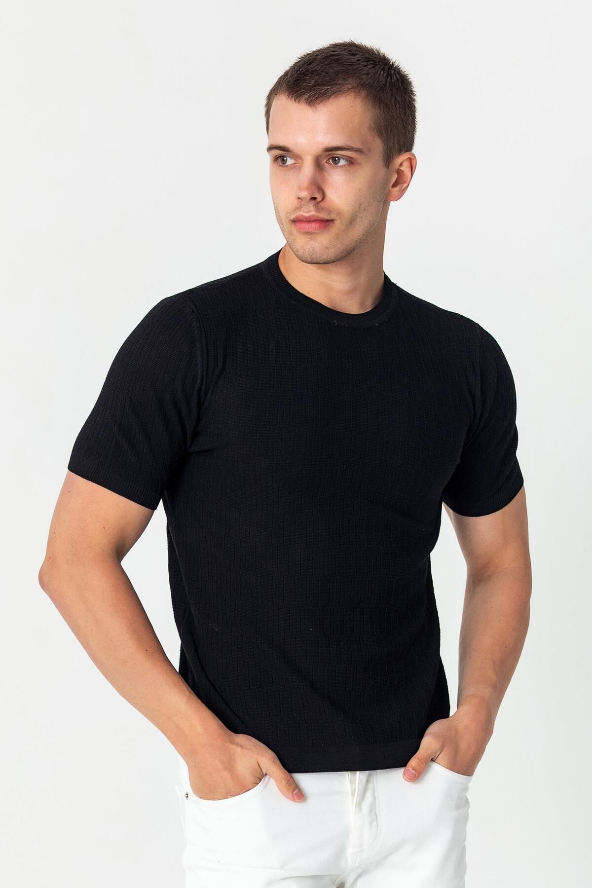 Cekmon Erkek Bisiklet Yaka Kendinden Desenli Viscon Elit İplikten Triko T-shirt