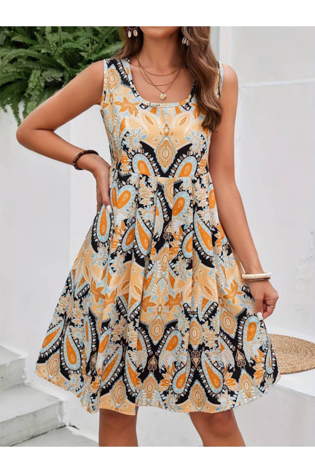 velmorafashion Kadın Sıfır Kol Yuvarlak Yaka çiçek Desenli Süprem Elbise