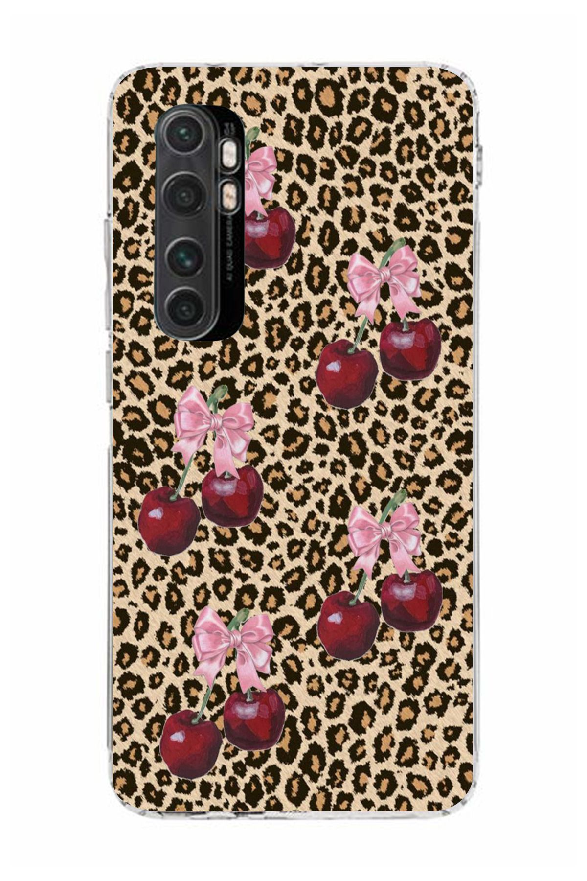 moonset Xiaomi Mi Note 10 Lite Uyumlu Leopar ve Fiyonk Tasarımlı Baskılı Şeffaf Telefon Kılıfı