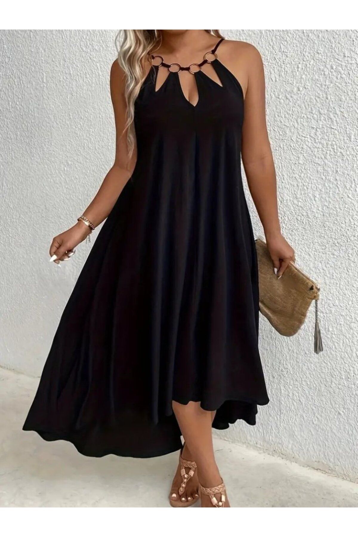 velmorafashion Kadın Boyundan Askılı Damla Detaylı Halkalı Asimetrik Kesim Viskon Elbise