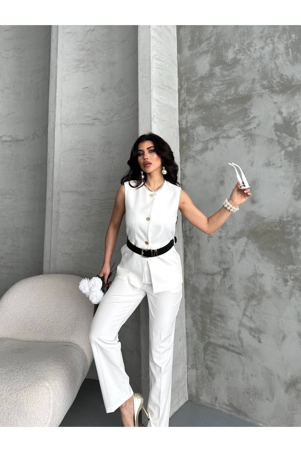 buqre's moda Kadın Alt Üst Takım Şık Düğme Kemer Detaylı Yelek Pantolon İkili Takım