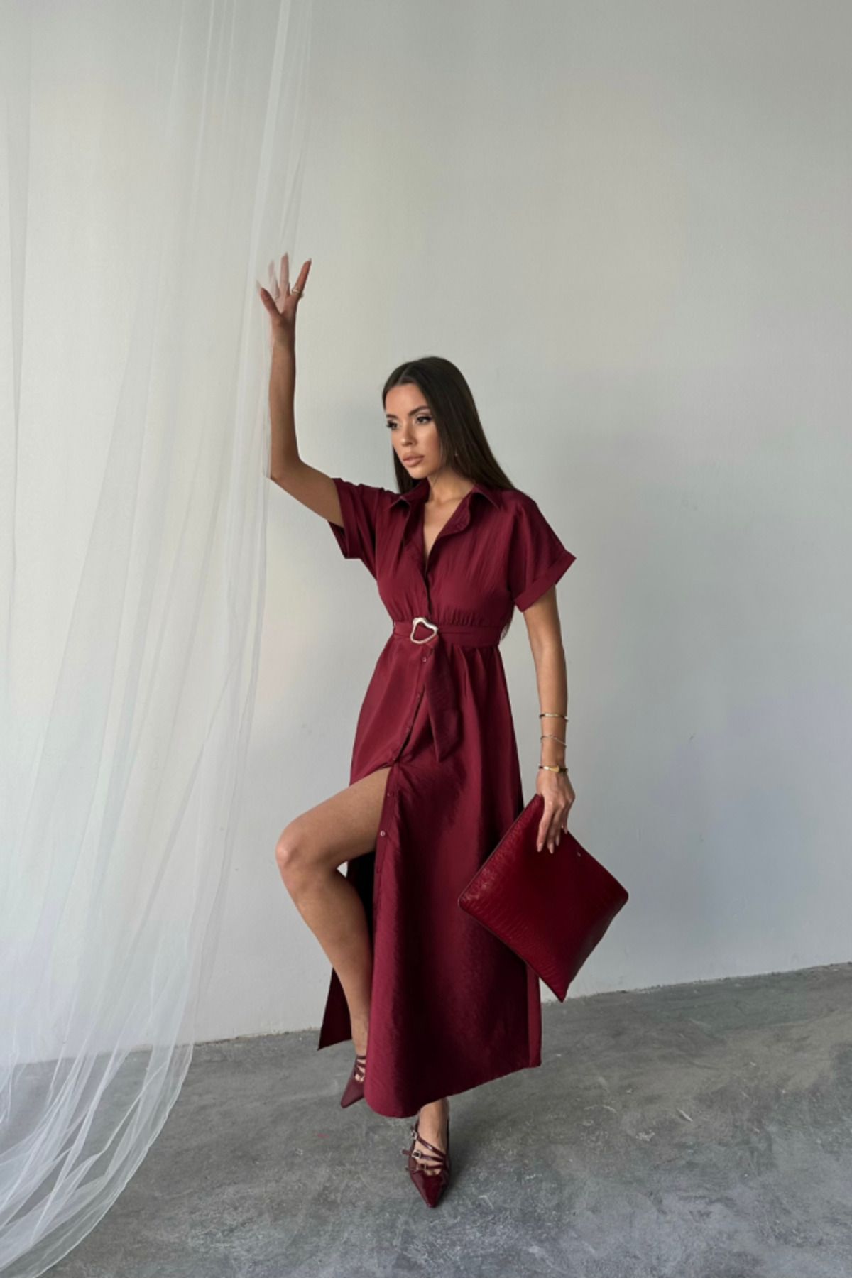 velmorafashion ÖNDEN DÜĞMELİ CRUSHLI MODAL ELBİSE - Bordo