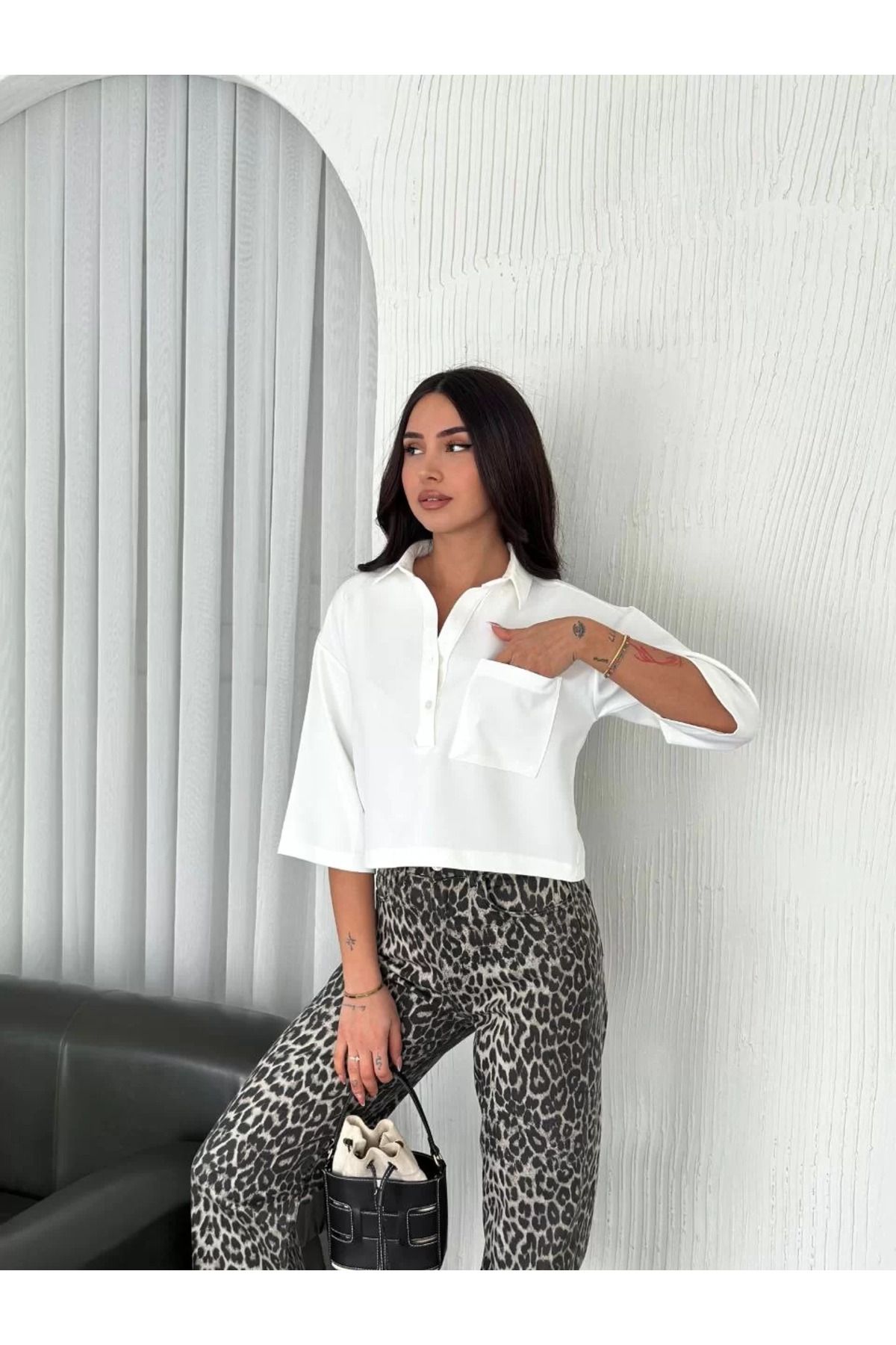 FantaziAtölyesi Kadın Crop Yakalı Gömlek Üç Çeyrek Sleeve Kol - Beyaz