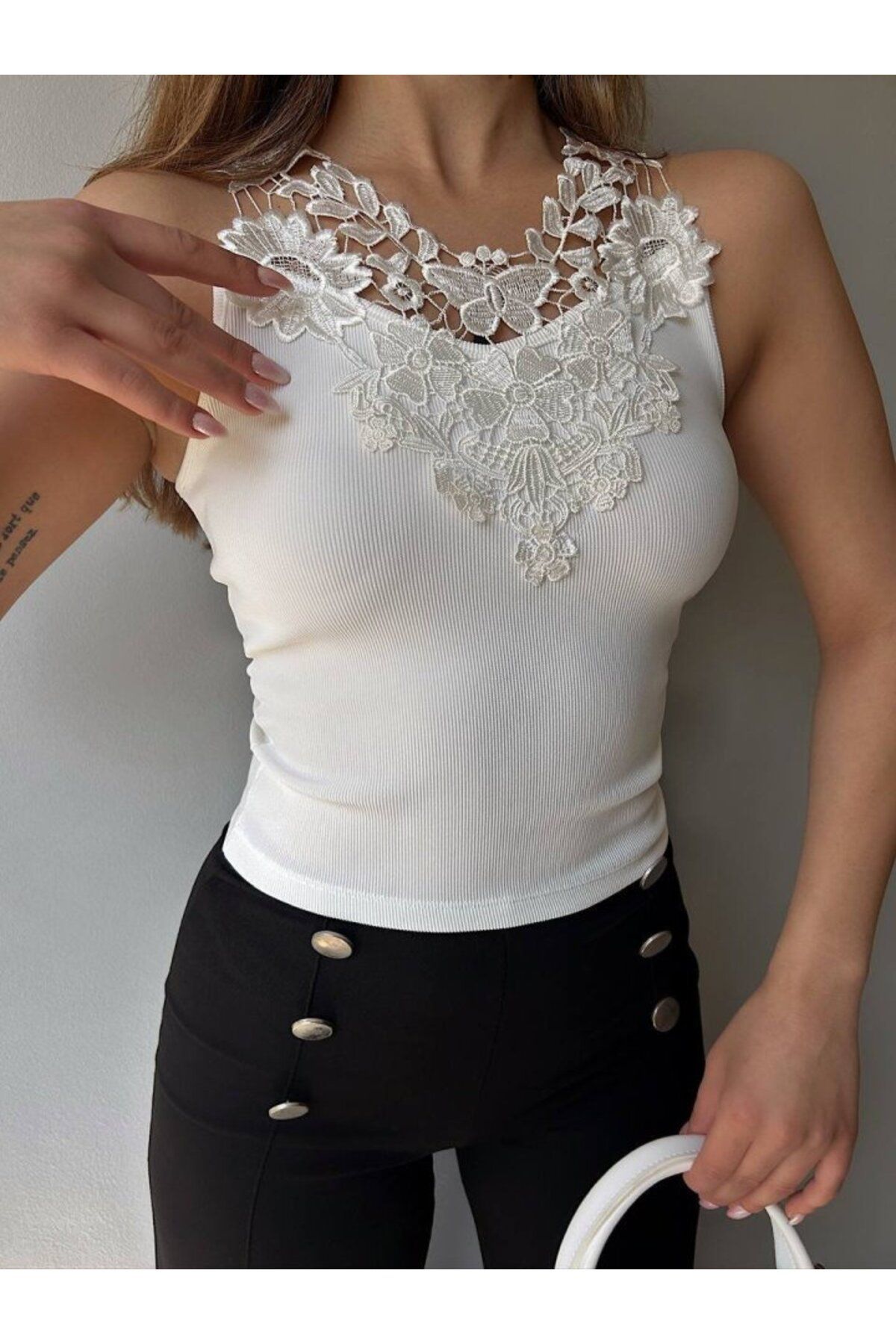 velmorafashion Kadın Ottoman Kumaş Dantel Detaylı Bluz