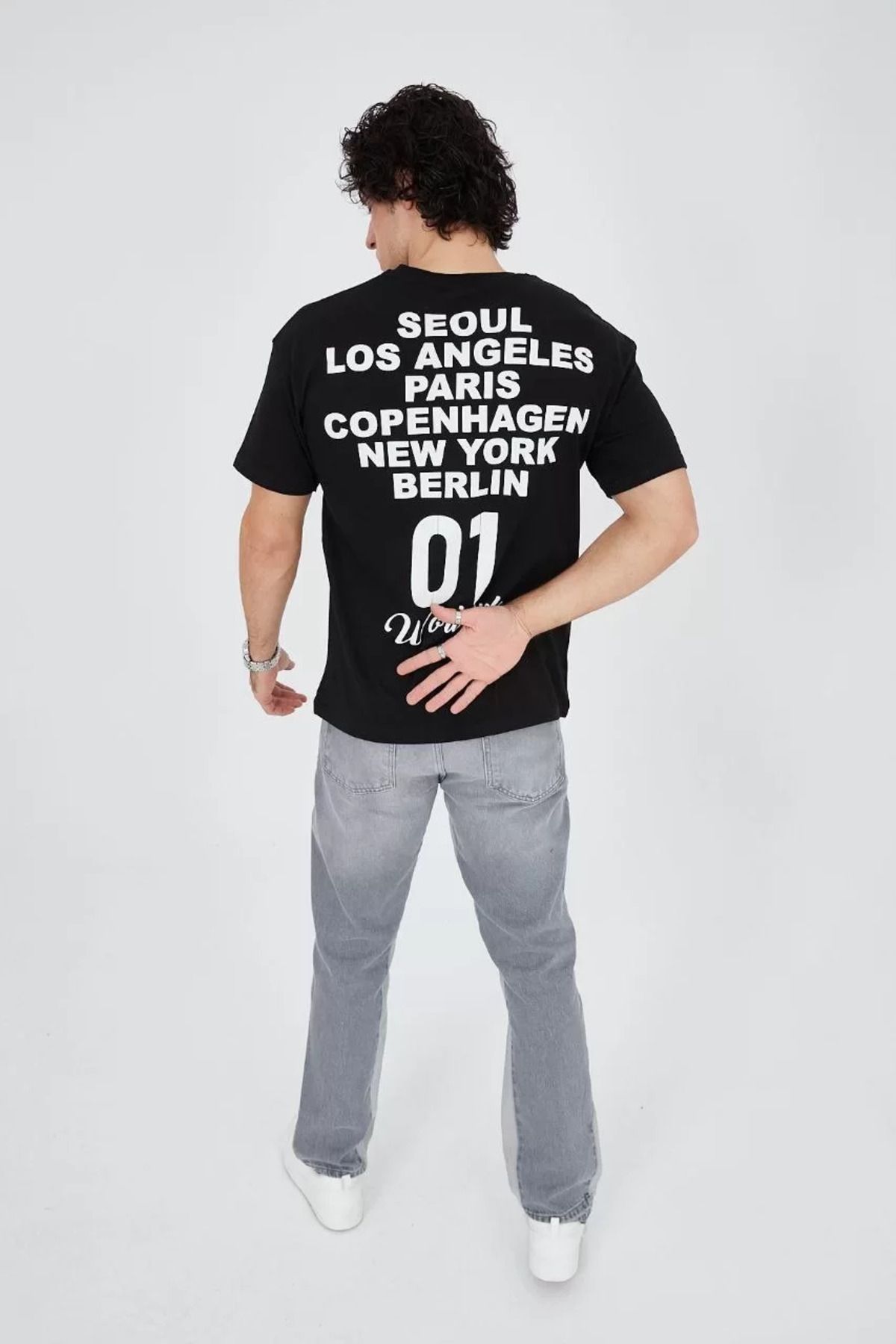 FantaziAtölyesi Erkek Bisiklet Yakalı Baskılı T-Shirt - Siyah