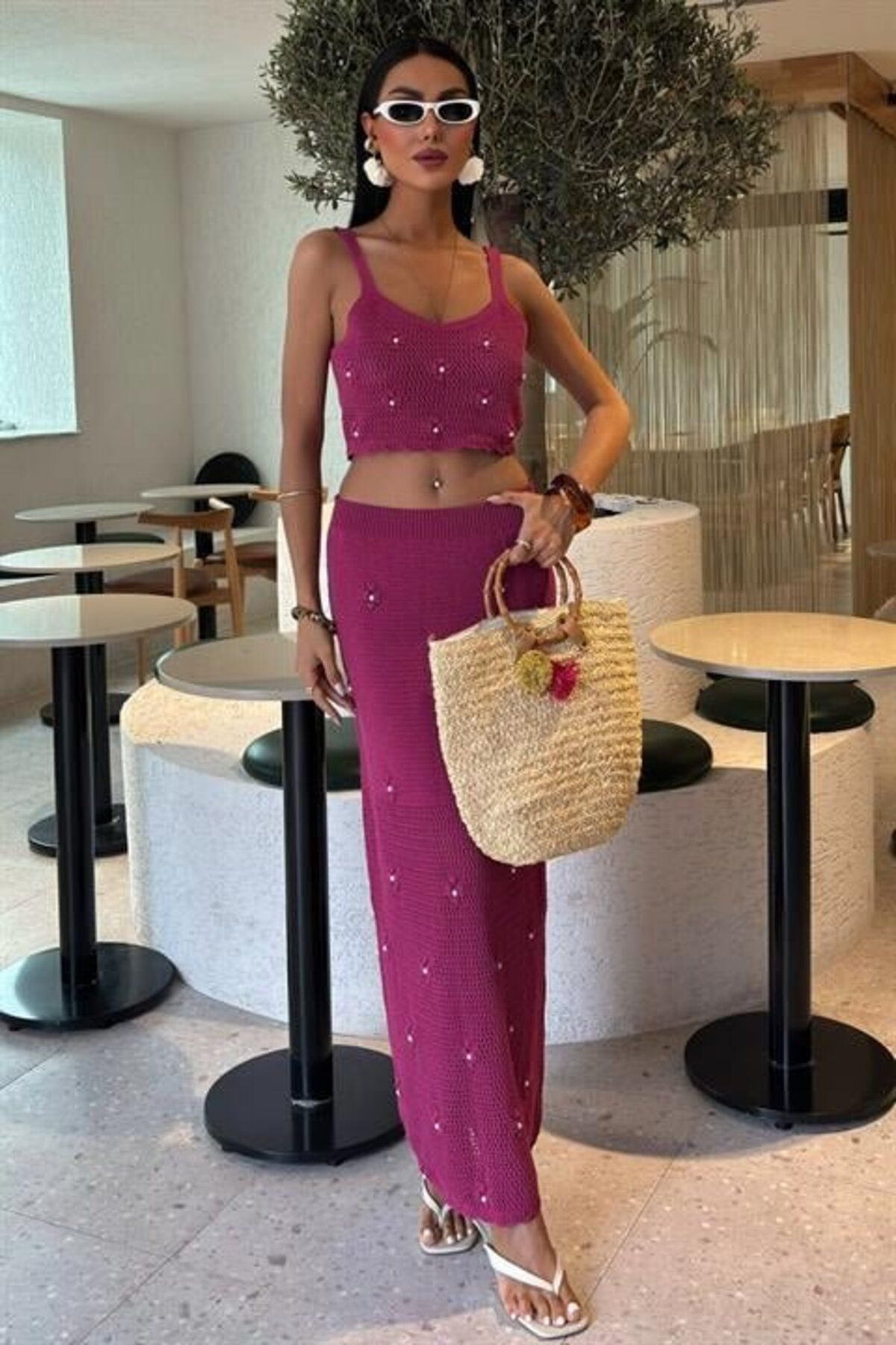 velmorafashion İnci Ve Çiçek Detaylı Büstiyerli Triko Takım 10100