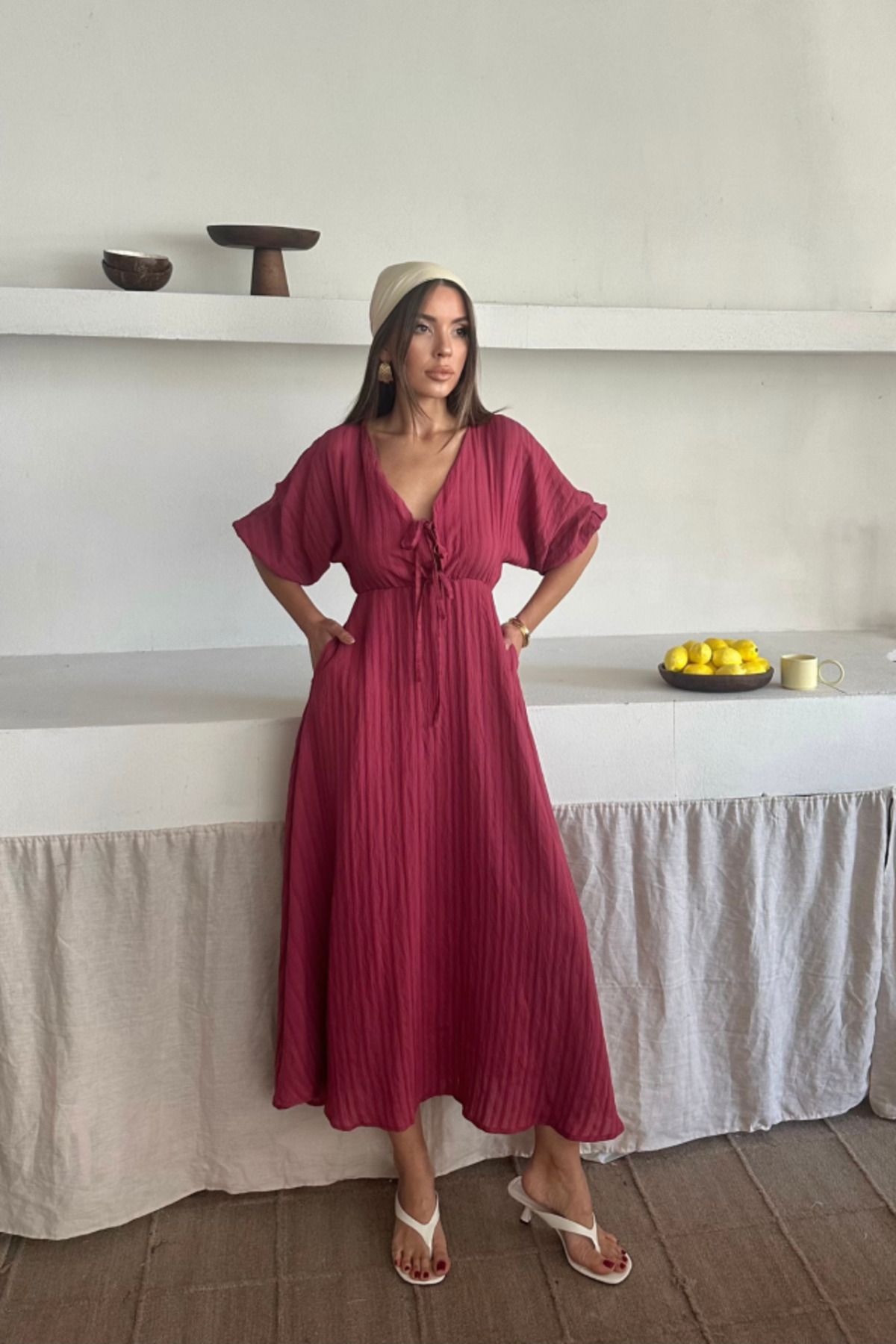 velmorafashion V YAKA DÖKÜMLÜ ELBİSE - Pembe