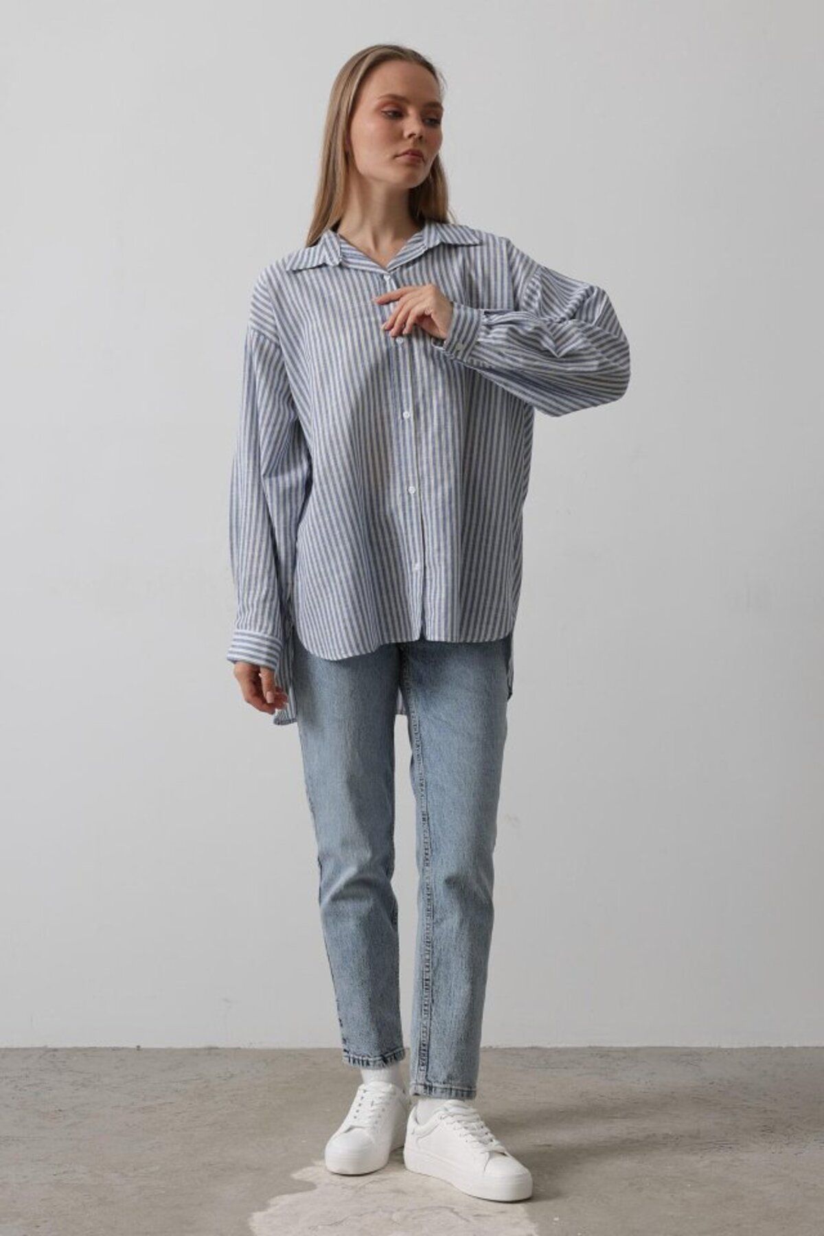 velmorafashion Çizgili Tunik Gömlek - Mavi Desen 4