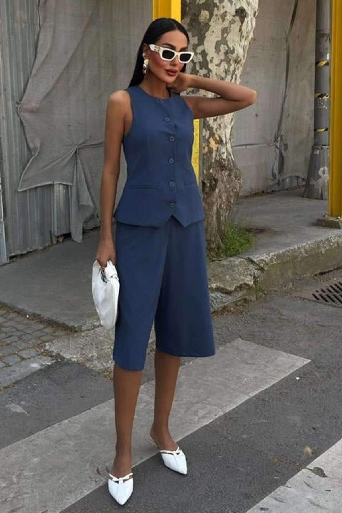 velmorafashion Midi Şortlu Ve Yelekli Viscon Takım 10167