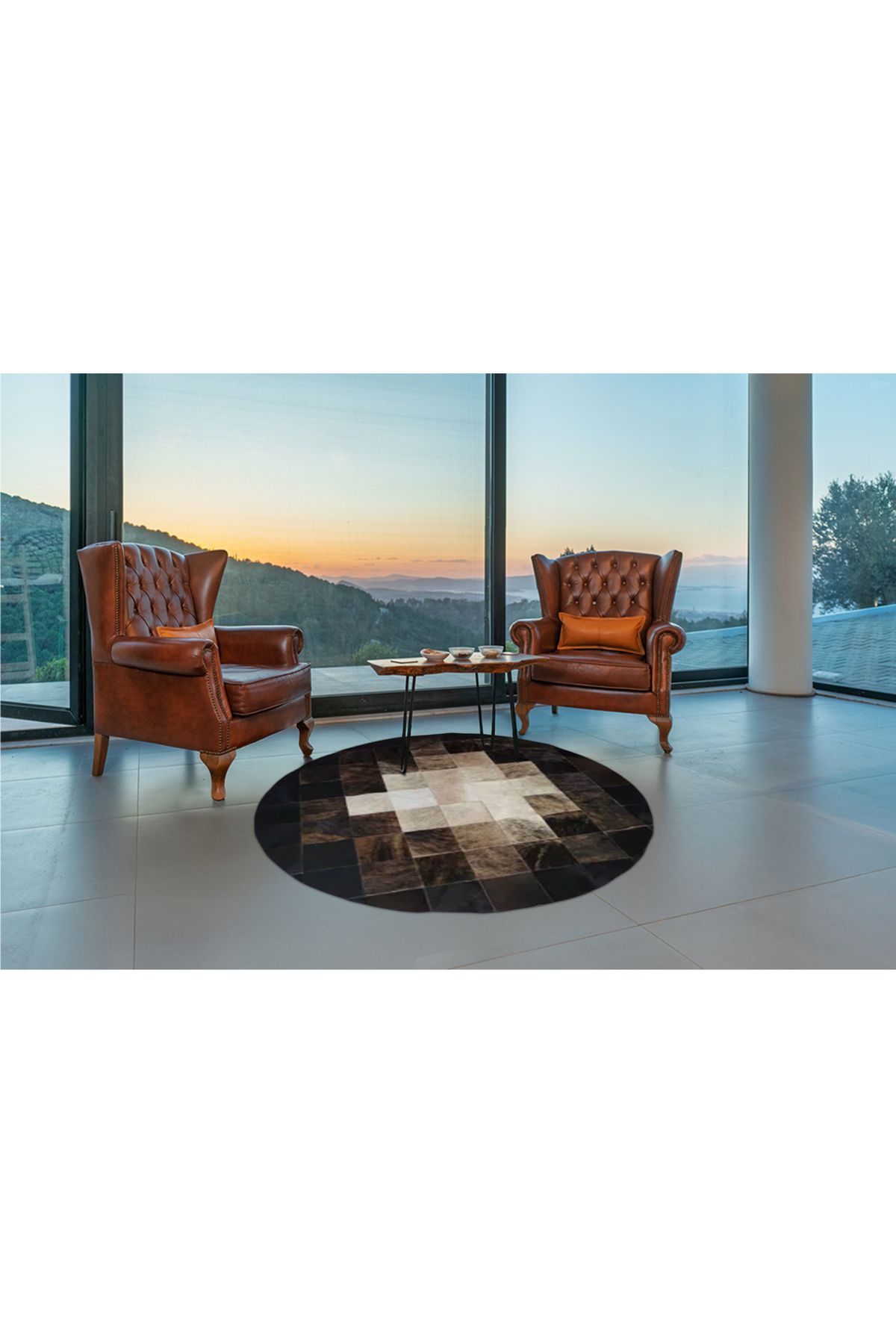 Barrio Rico %100 Doğal Dana Derisi Kaymaz Taban Premium Yuvarlak Patchwork Halı - Kahverengi Beyaz