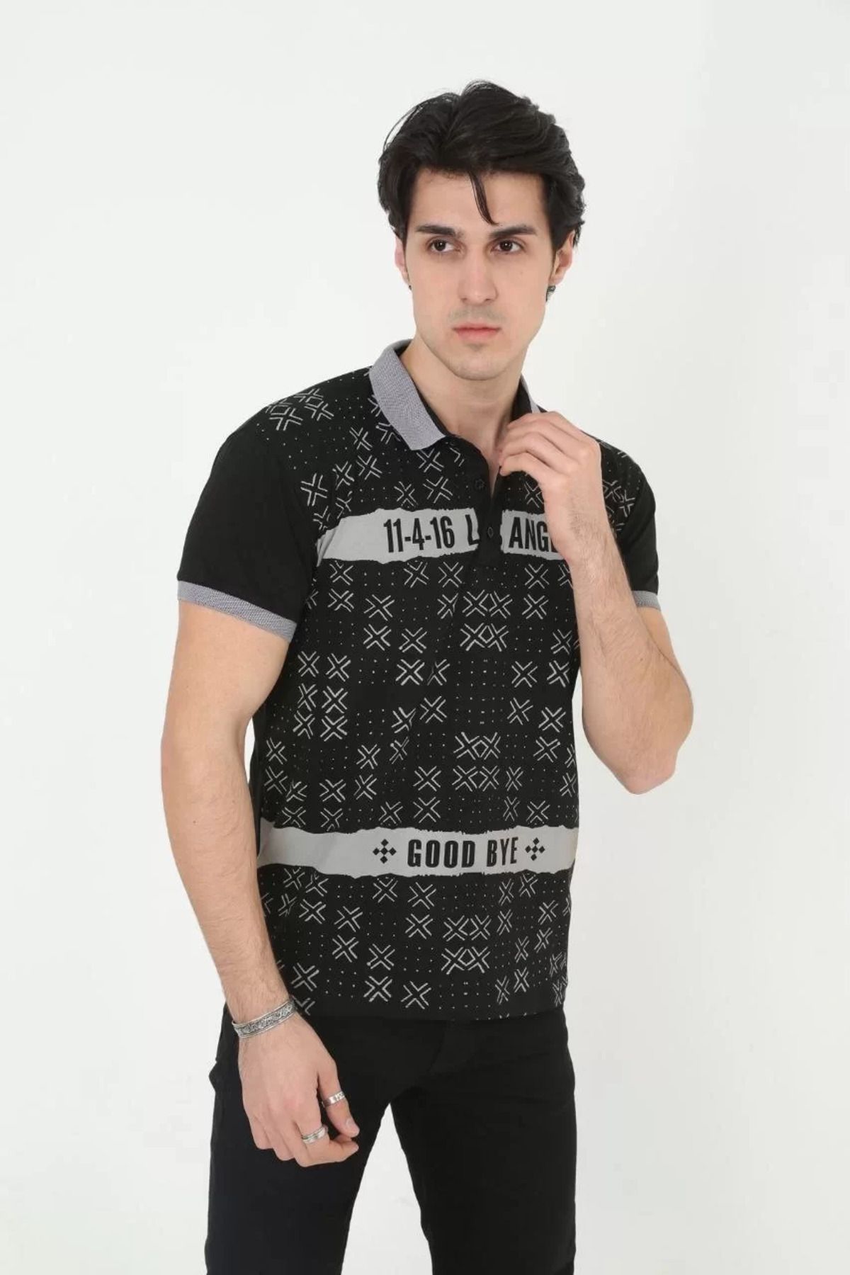 FantaziAtölyesi Erkek Yakalı Slim Fit Baskılı T-Shirt - Siyah