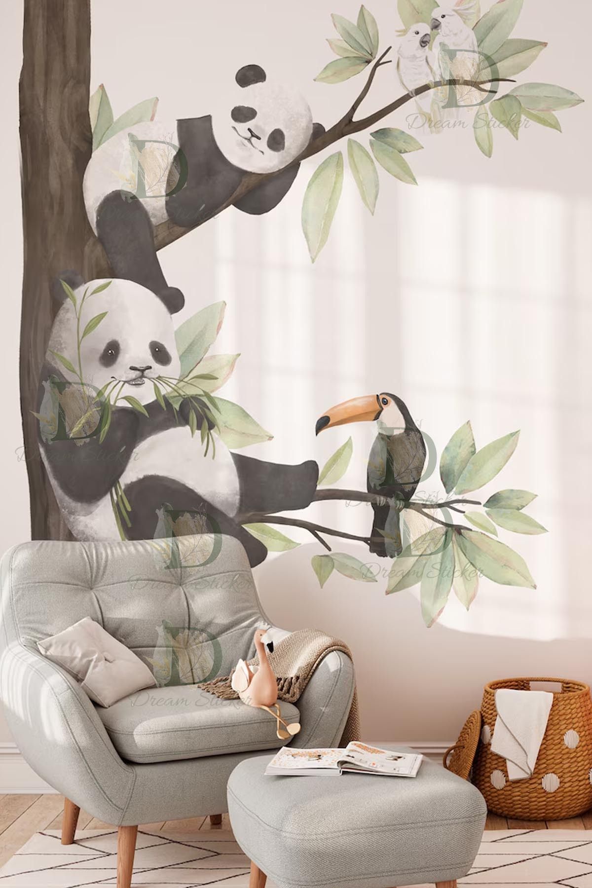 KT Decor Orman Arkadaşları Woodland Panda Ailesi Duvar Sticker Seti