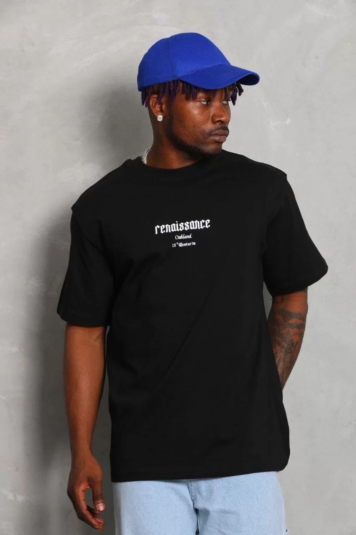 FantaziAtölyesi Unisex Oversize Baskılı Bisiklet Yaka T-Shirt - Siyah