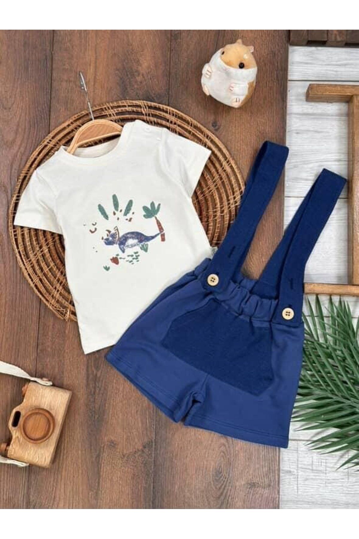Kids Kingdom Mavi Salopet Dinazor Detaylı Kanguru Cepli Çıtçıtlı Düğmeli 2li Erkek Bebek Takım