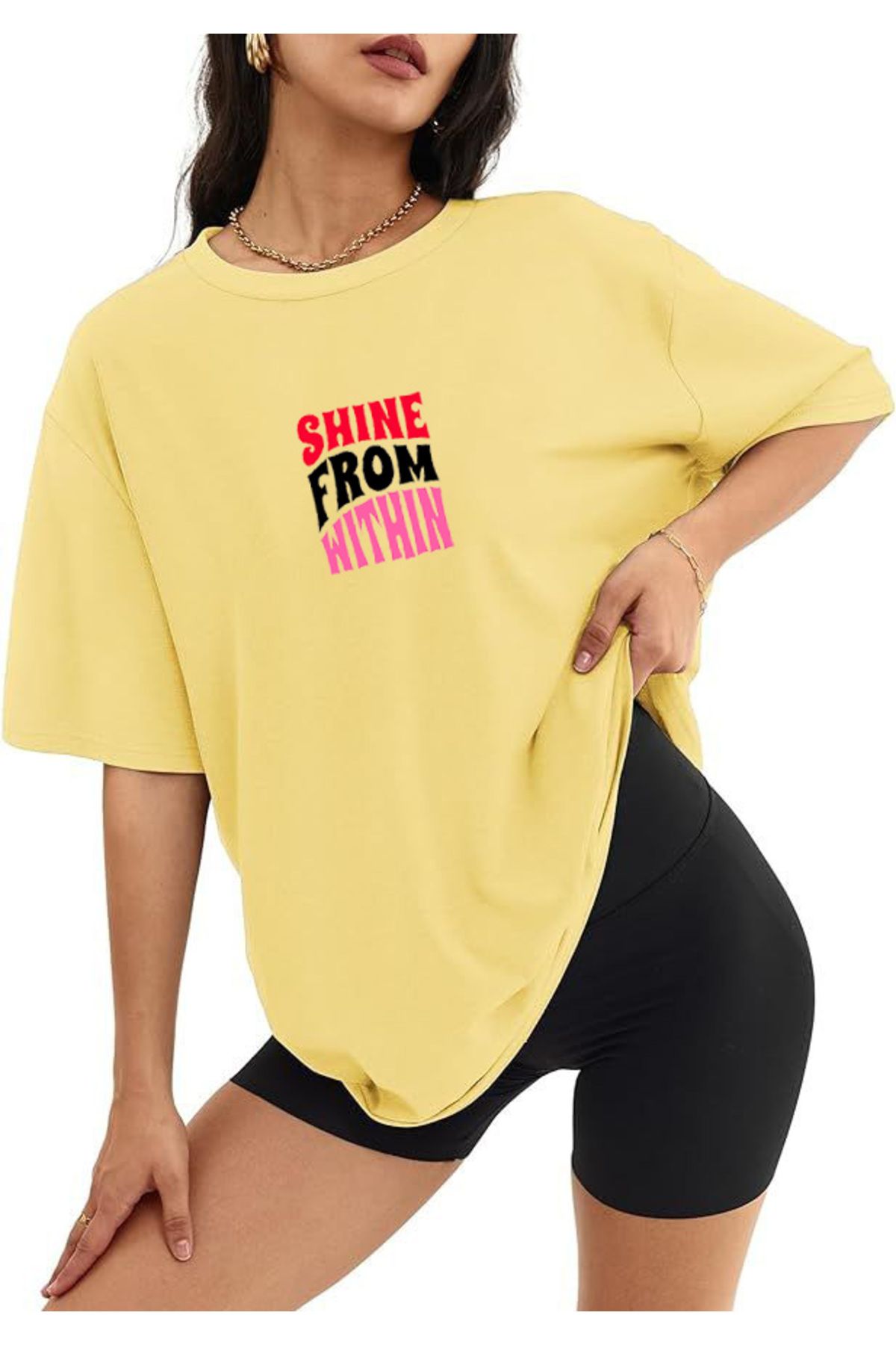 SEL WEAR Kadın yazlık pamuklu kumaş (SHİNE FROM WITHIN) baskılı oversize t-shirt