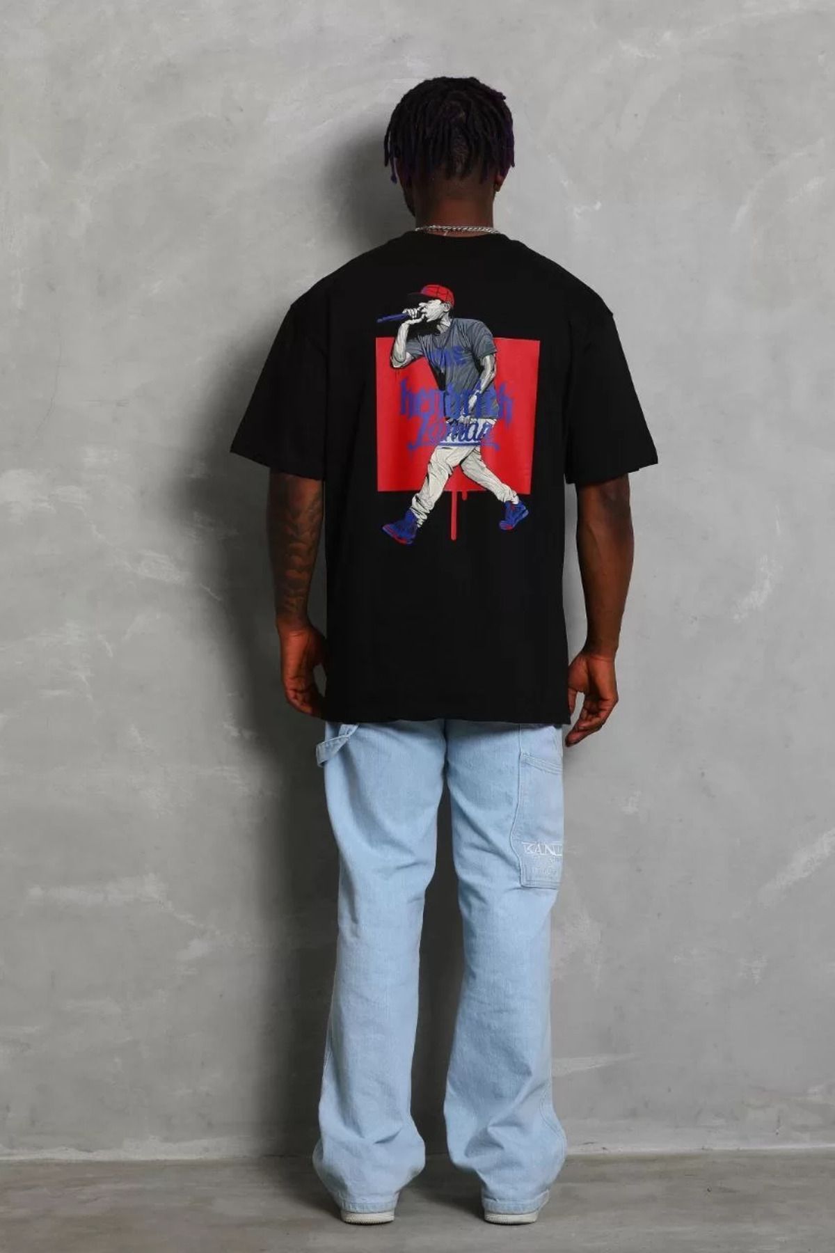 FantaziAtölyesi Unisex Oversize Baskılı Bisiklet Yaka T-Shirt - Siyah