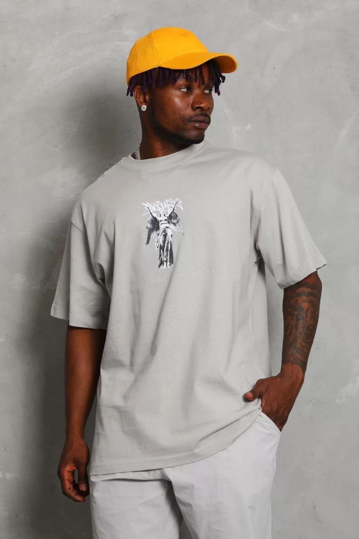 FantaziAtölyesi Unisex Oversize Baskılı Bisiklet Yaka T-Shirt - Gri
