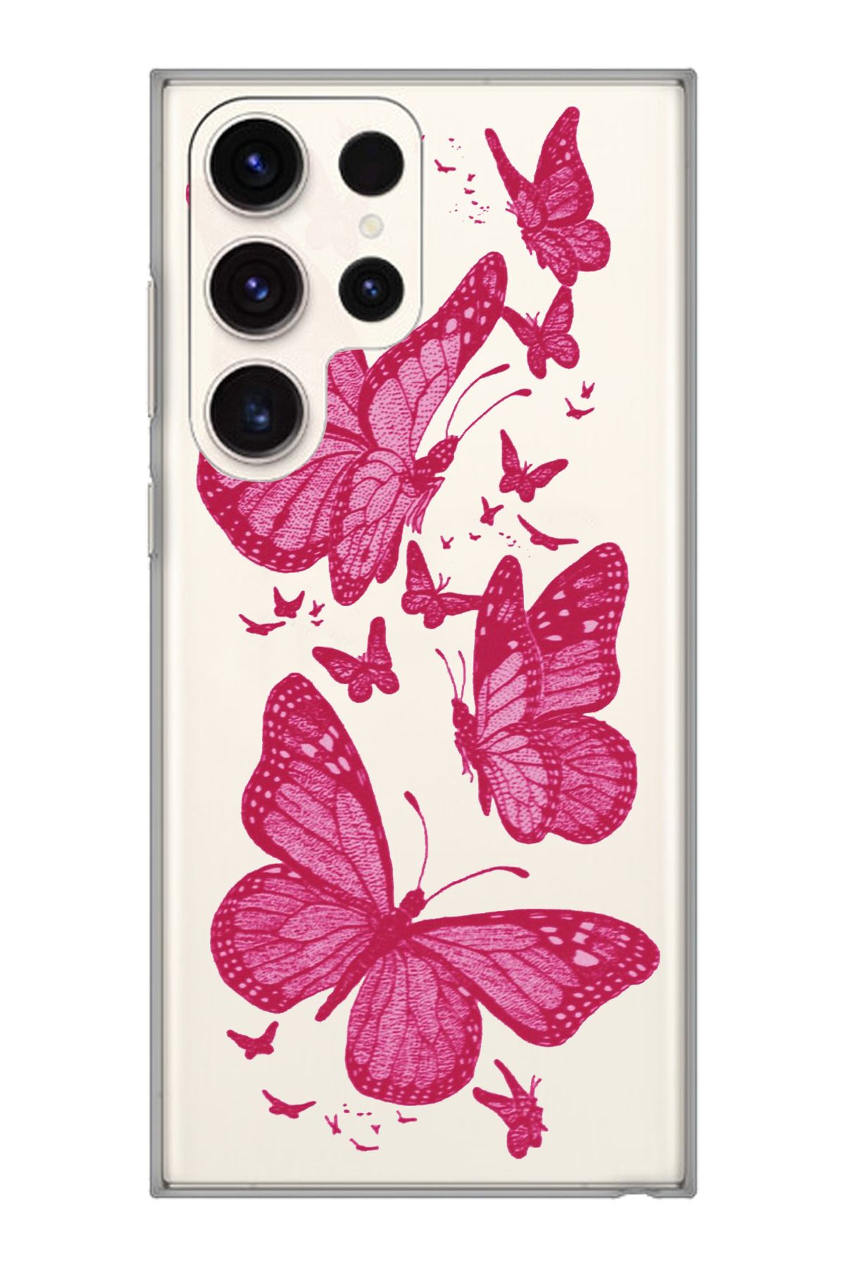 moonset Samsung Galaxy S25 Ultra Uyumlu Pembe Kelebekler Tasarımlı Baskılı Şeffaf Telefon Kılıfı