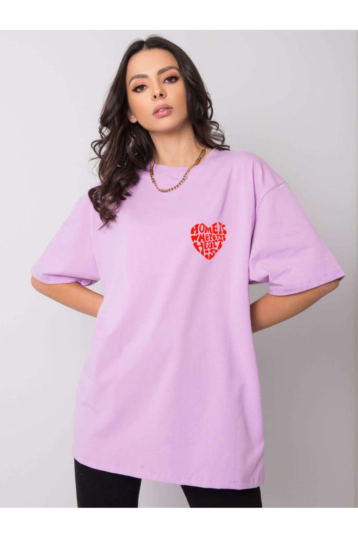 SEL WEAR Kadın yazlık pamuklu kumaş (HEART) baskılı oversize t-shirt