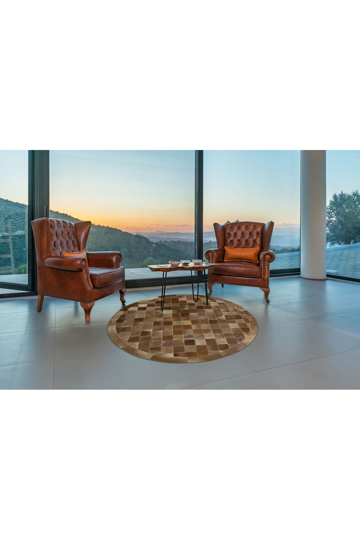 Barrio Rico %100 Doğal Dana Derisi Kaymaz Taban Premium Yuvarlak Patchwork Halı - Kahverengi Beyaz