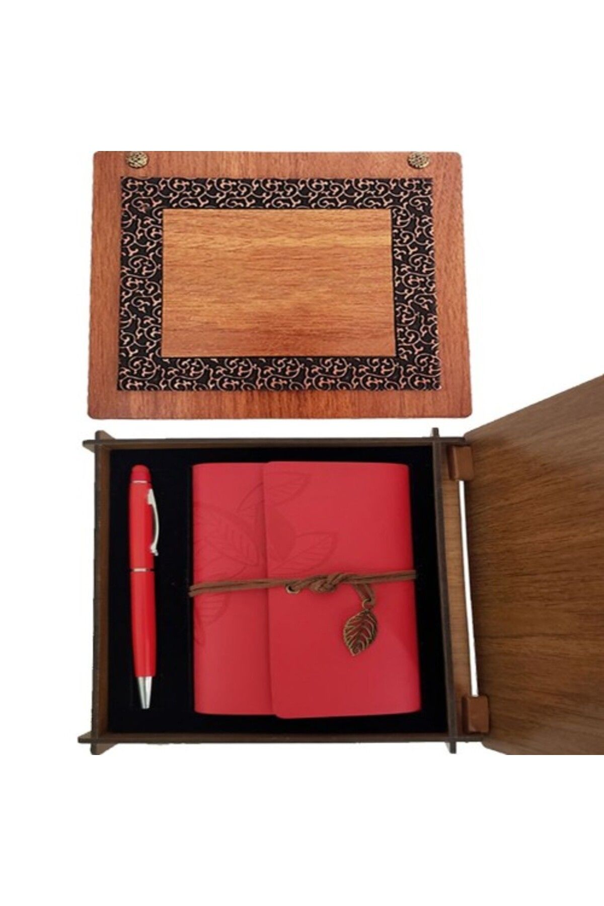 Shop58 Ahşap Kutulu Kırmızı Deri Defter ve Metal Kalem Set